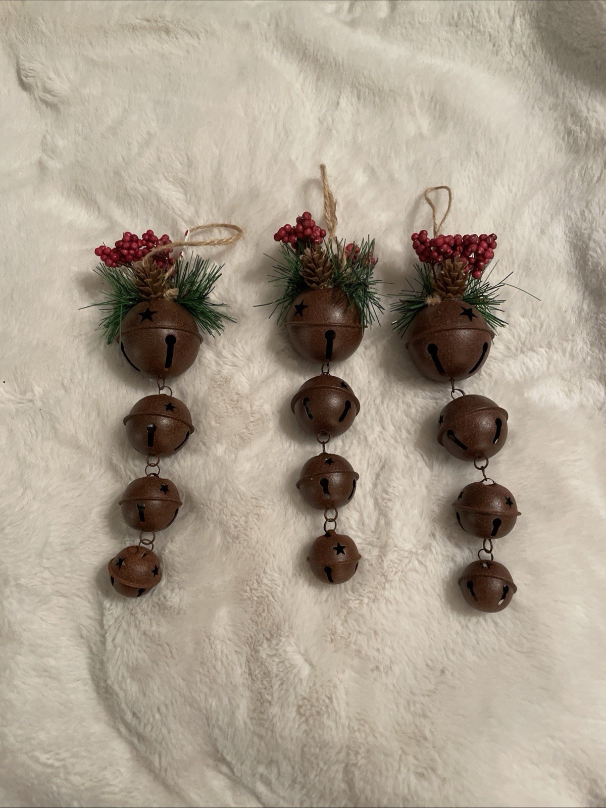 NEW Lot Of 3 Primitive Rustic JINGLE BELL CLUSTERS 8” Ornaments/Door Hangers