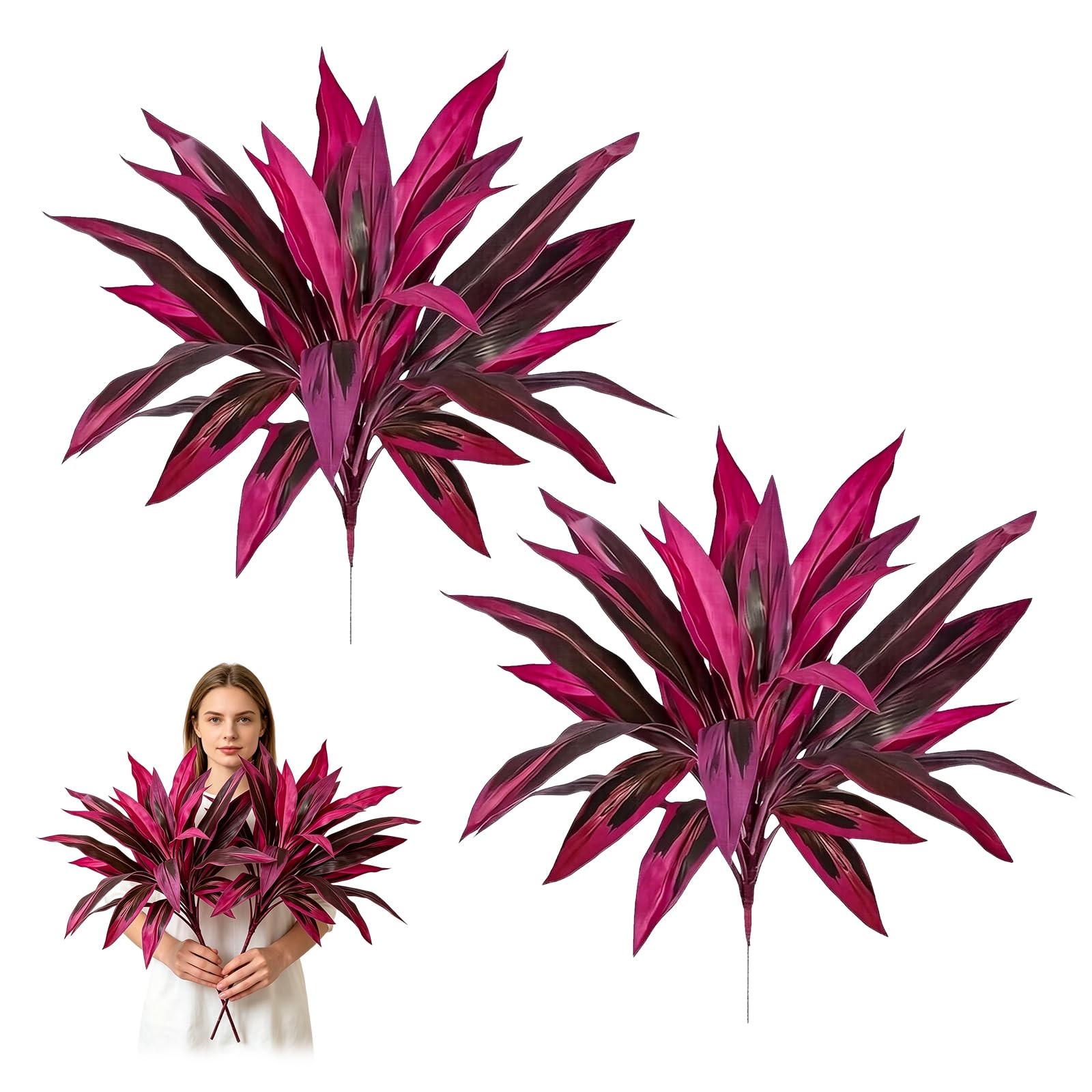 2pcs Artificial Boston Fern & Dragon’s Tree, Red/Pink