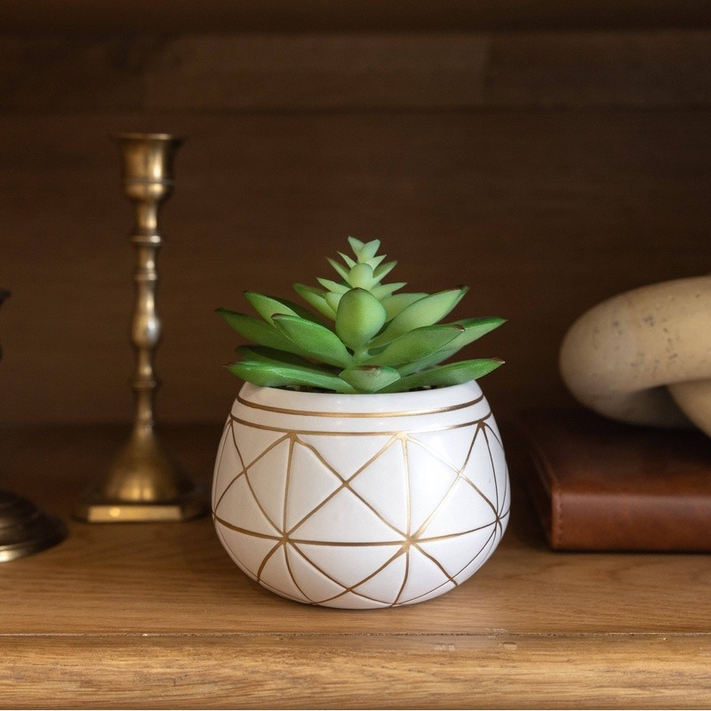 4 Inch Tabletop Artificial Succulent in Geometric Ceramic Pot Indoor Decor New