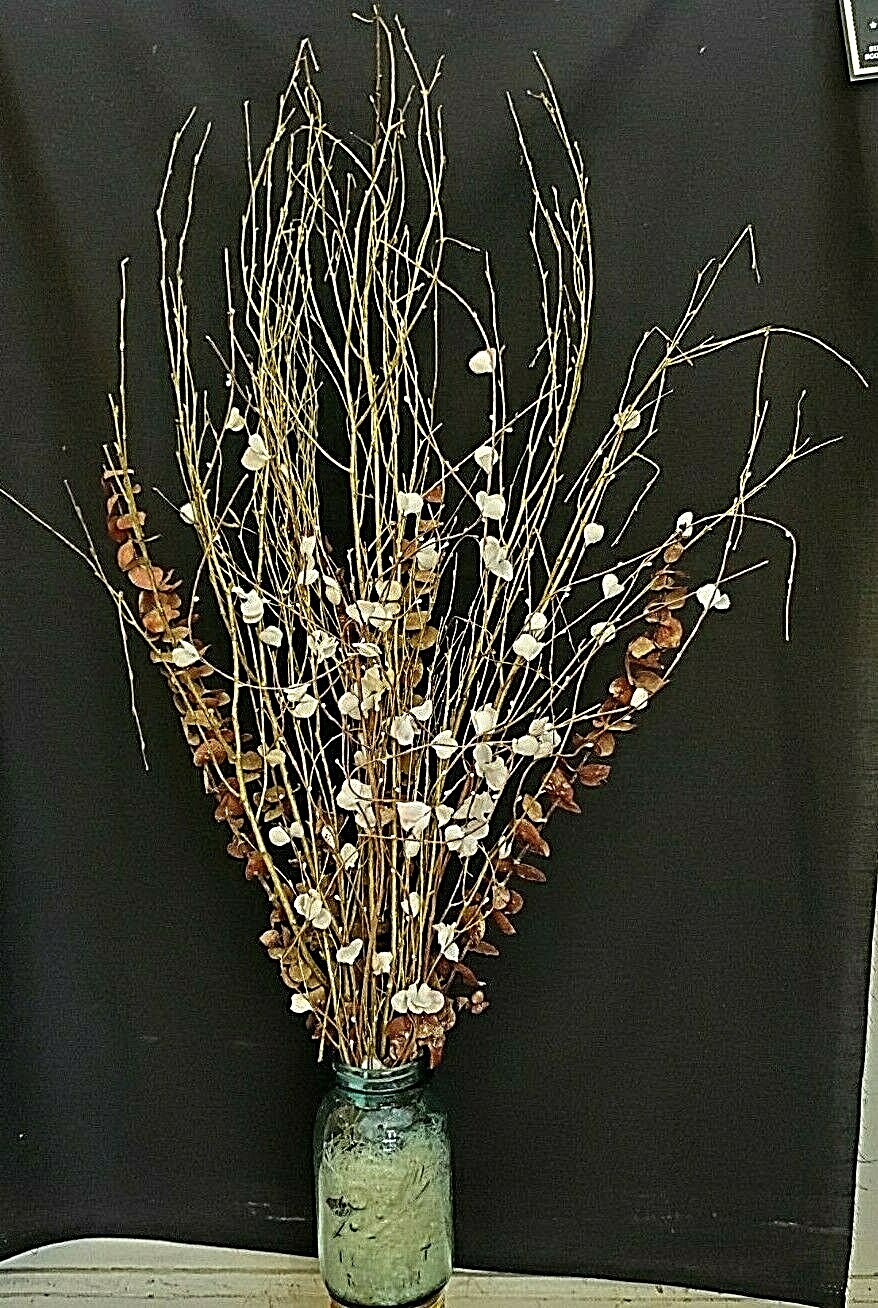 White & Pink Blossoms, Red Eucalyptus & Gold Painted Branches in a Mason Jar