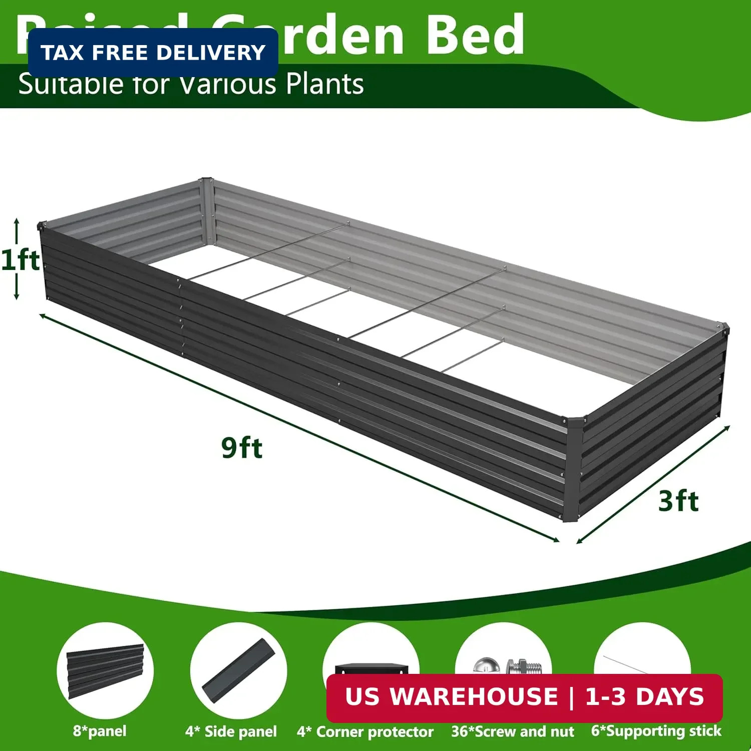 2PCS 9x3x1ft Galvanized Raised Garden Bed,Outdoor Planter Box Metal Patio Kit Pl