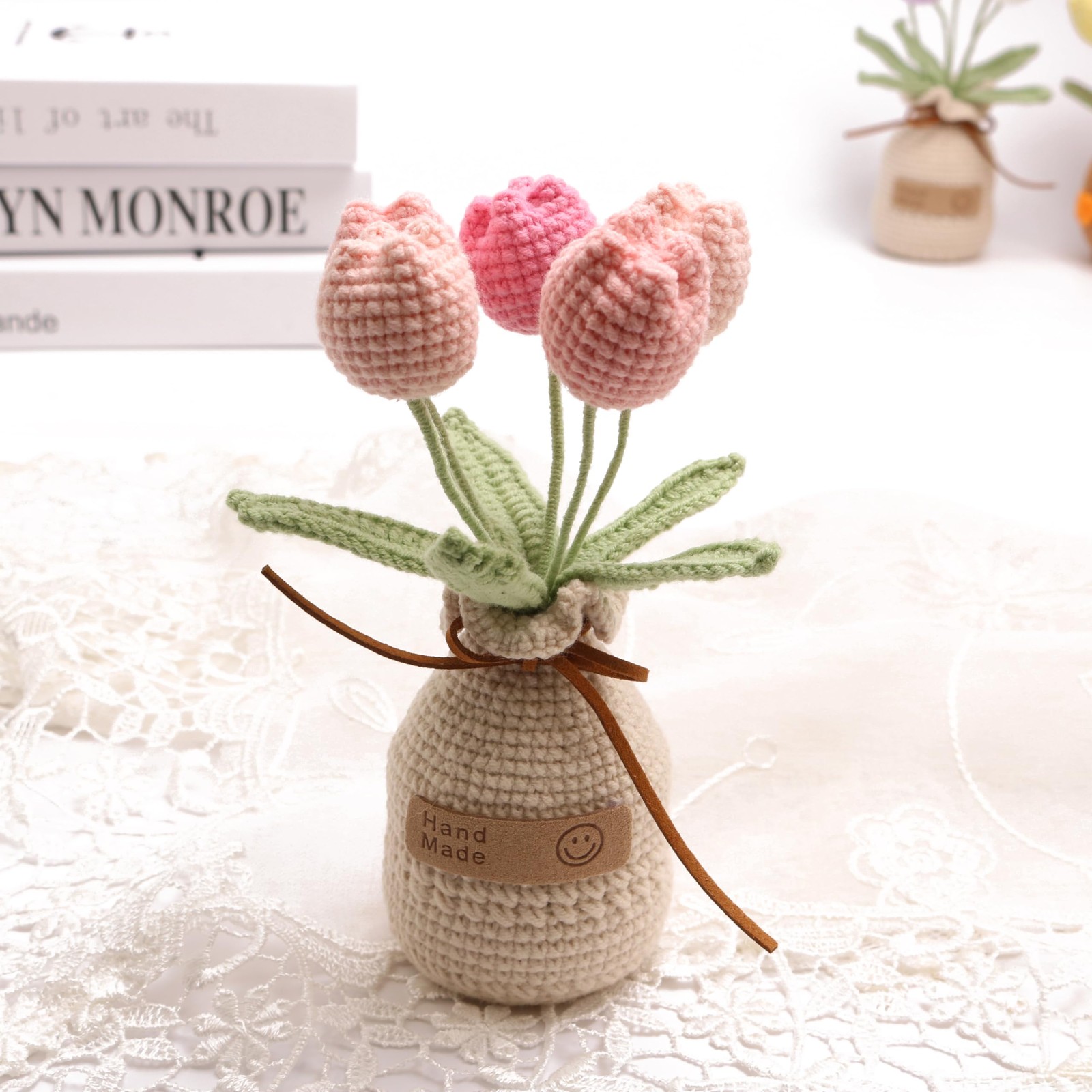 5 PCS Pink Crochet Woven Tulip With Wool Simulation Plant Home Office Decor