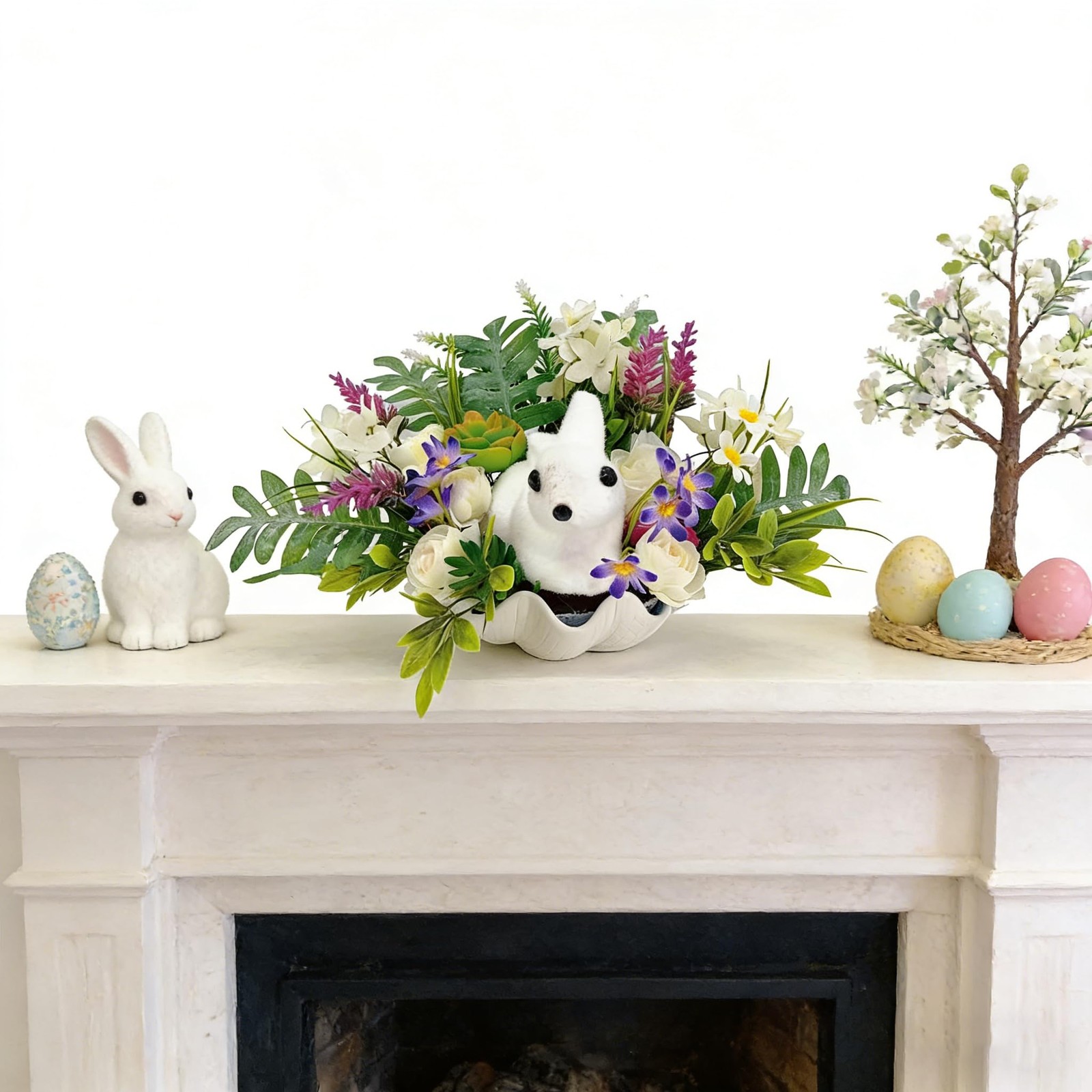 16 Inch Artificial Easter Bunny Floral Arrangement, Plush Bunny Easter Decor,…