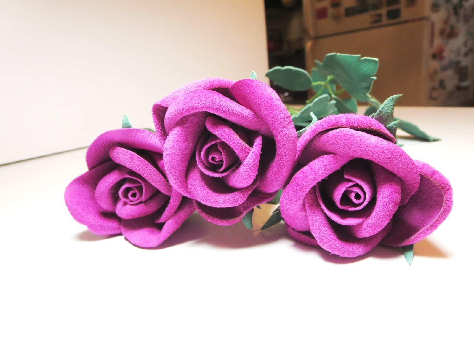 3rd Anniversary Wedding Gift Leather rose bouquet Long Stem white Flowers