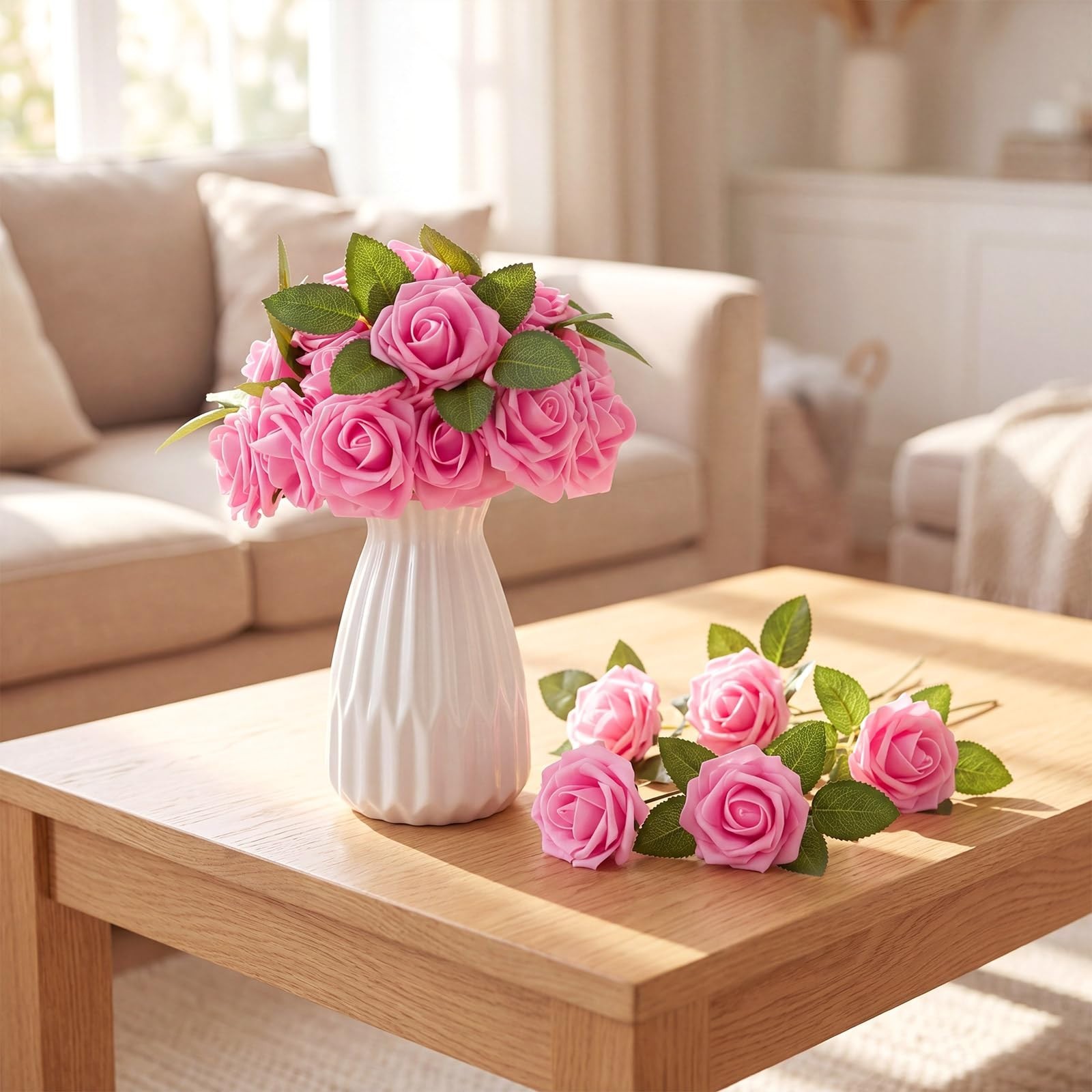 100 Pcs Faux Foam Rose Flowers with Stems for DIY Wedding Bouquets & Home Decor