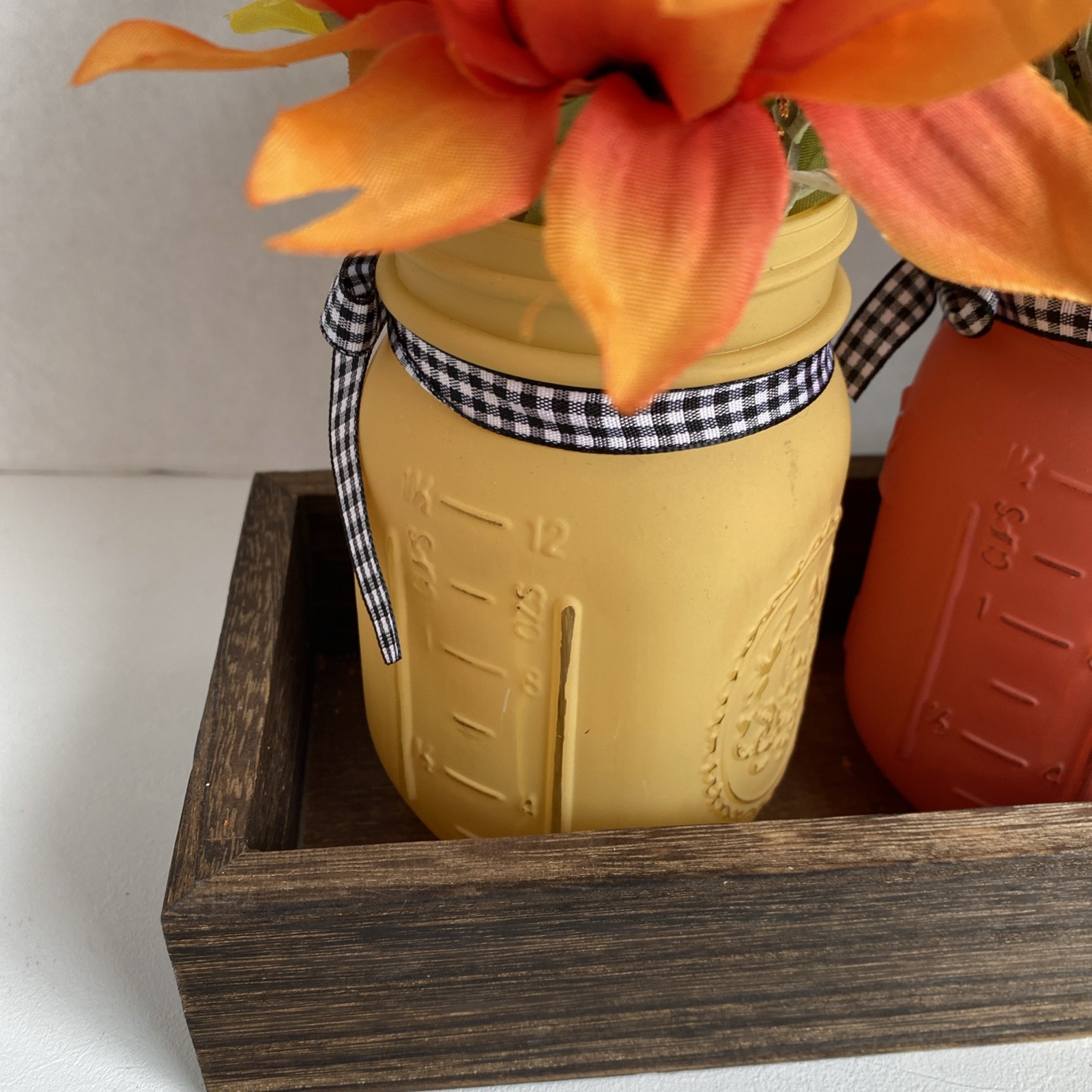 Painted Mason Jars Floral Decor In Tray Light Weight Fall Colors Checked Bows