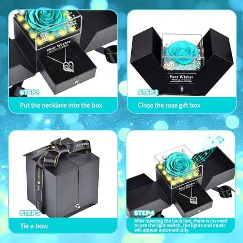 Gifts for Women – Preserved Real Rose with I Love You Heart Negro Blue