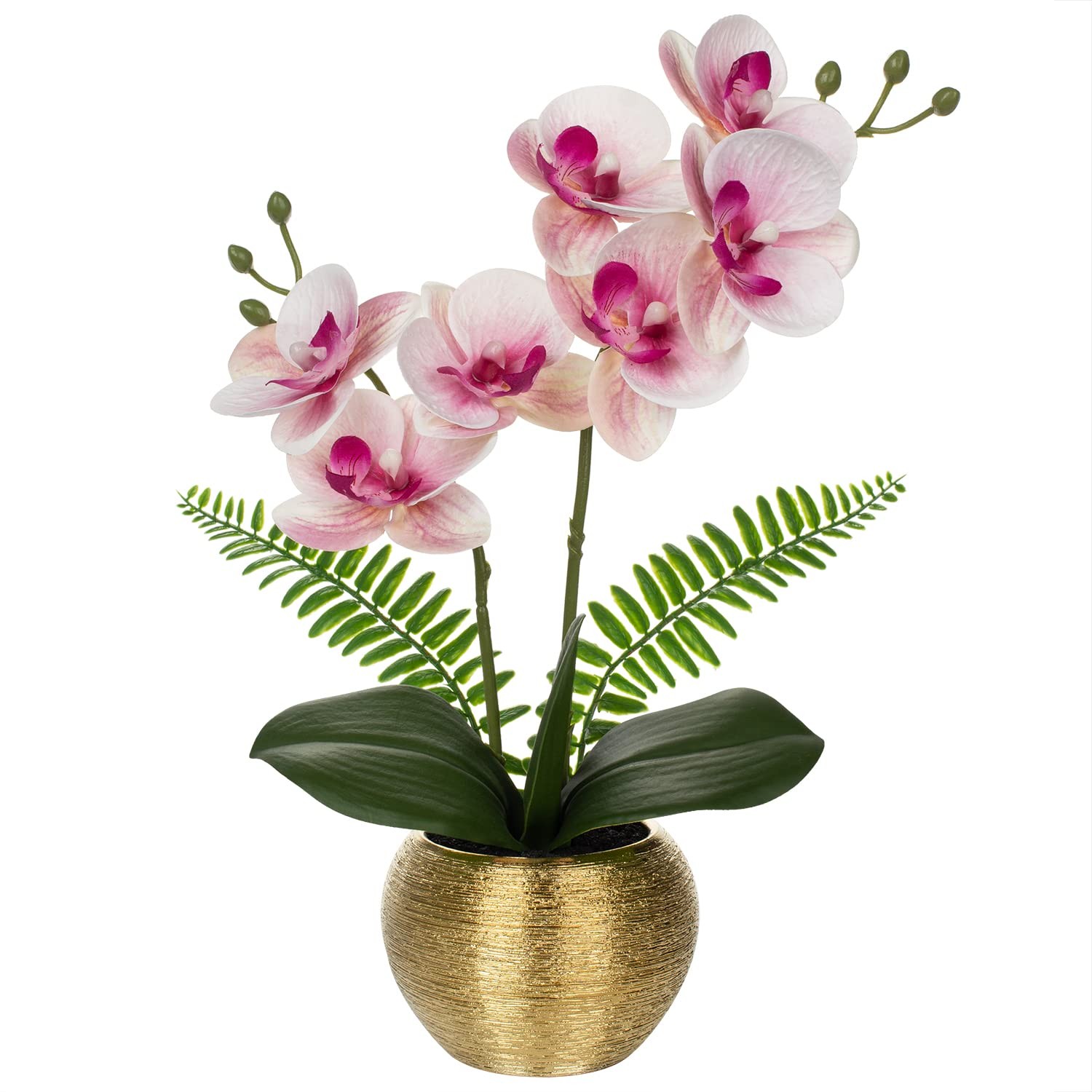 Briful Fake Orchid Fake Plant 13”Pink Orchids Artificial Flowers with Gold C…