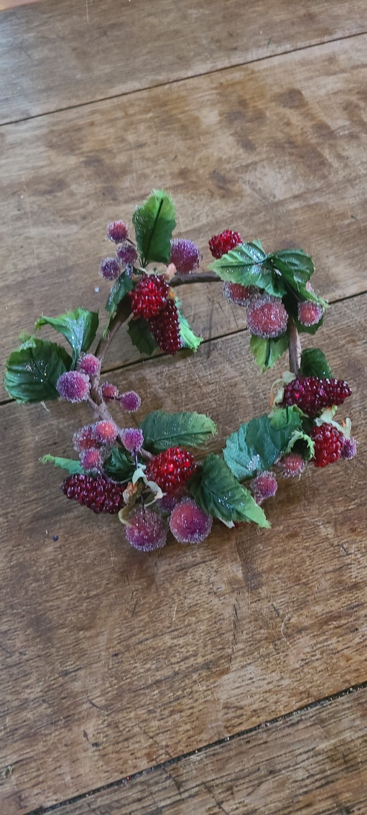 Raspberry Sugared Berries Candle Ring Christmas Holiday Winter Leaves