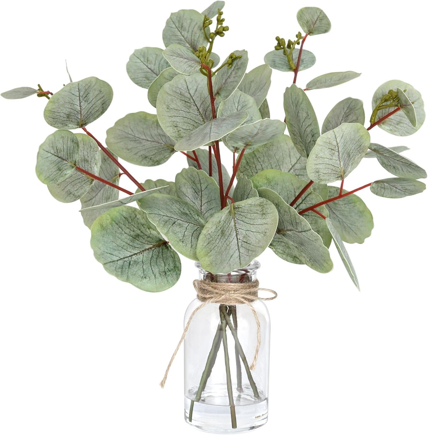 Artificial Eucalyptus Stems in Glass Vase with Faux Water,3Pcs Fake Plant with D
