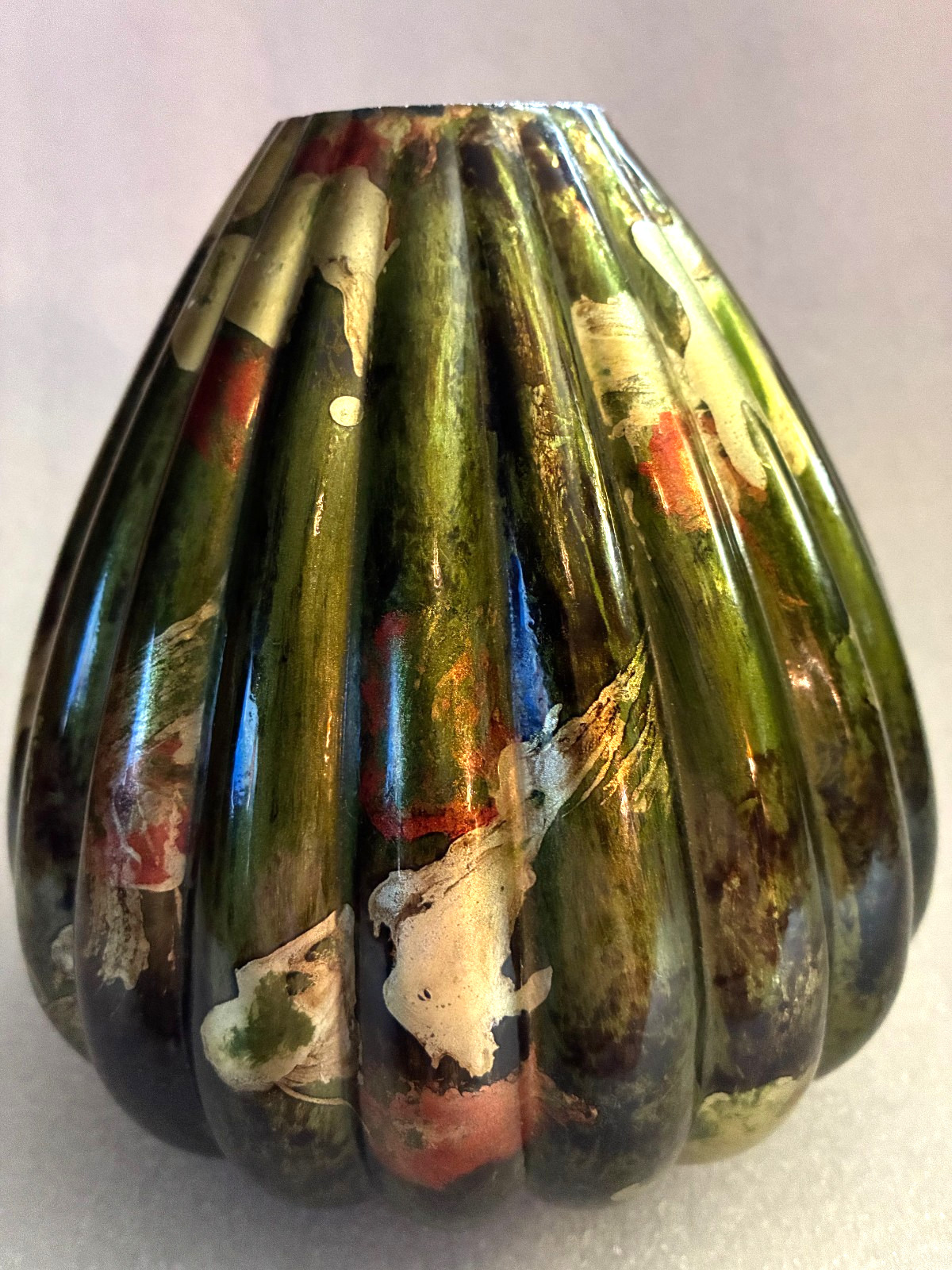 Vertically ribbed, dome or gourd shape, artisan glass. Hand-painted glass art.