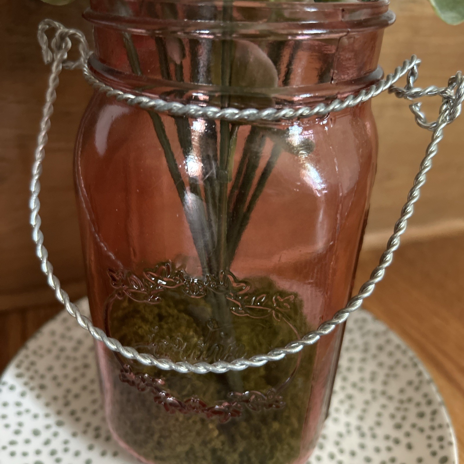 Big Mouth Mason Jar Pink Tone w/Artificial Flowers Silver Handle Moss In Jar
