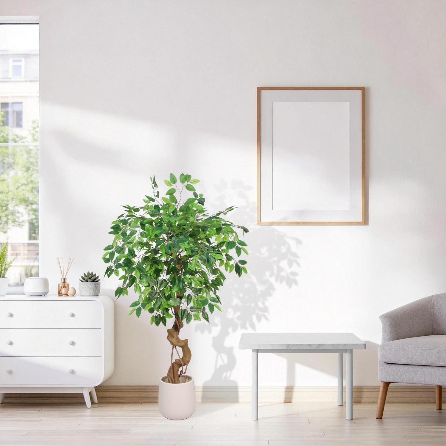 4FT Artificial Ficus Tree,Large Fake Tree with White Planter, Tall Faux Ficus…