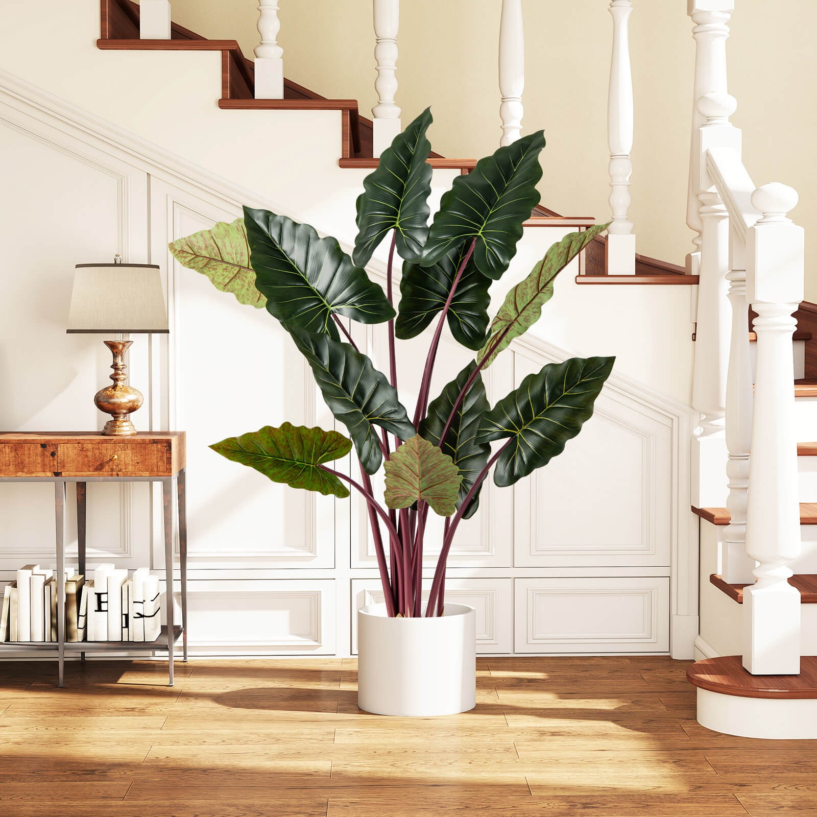 Artificial Rainbow Taro Tree 63″ Tall Fake Pre-potted Plant w/ 11 Faux Leaves