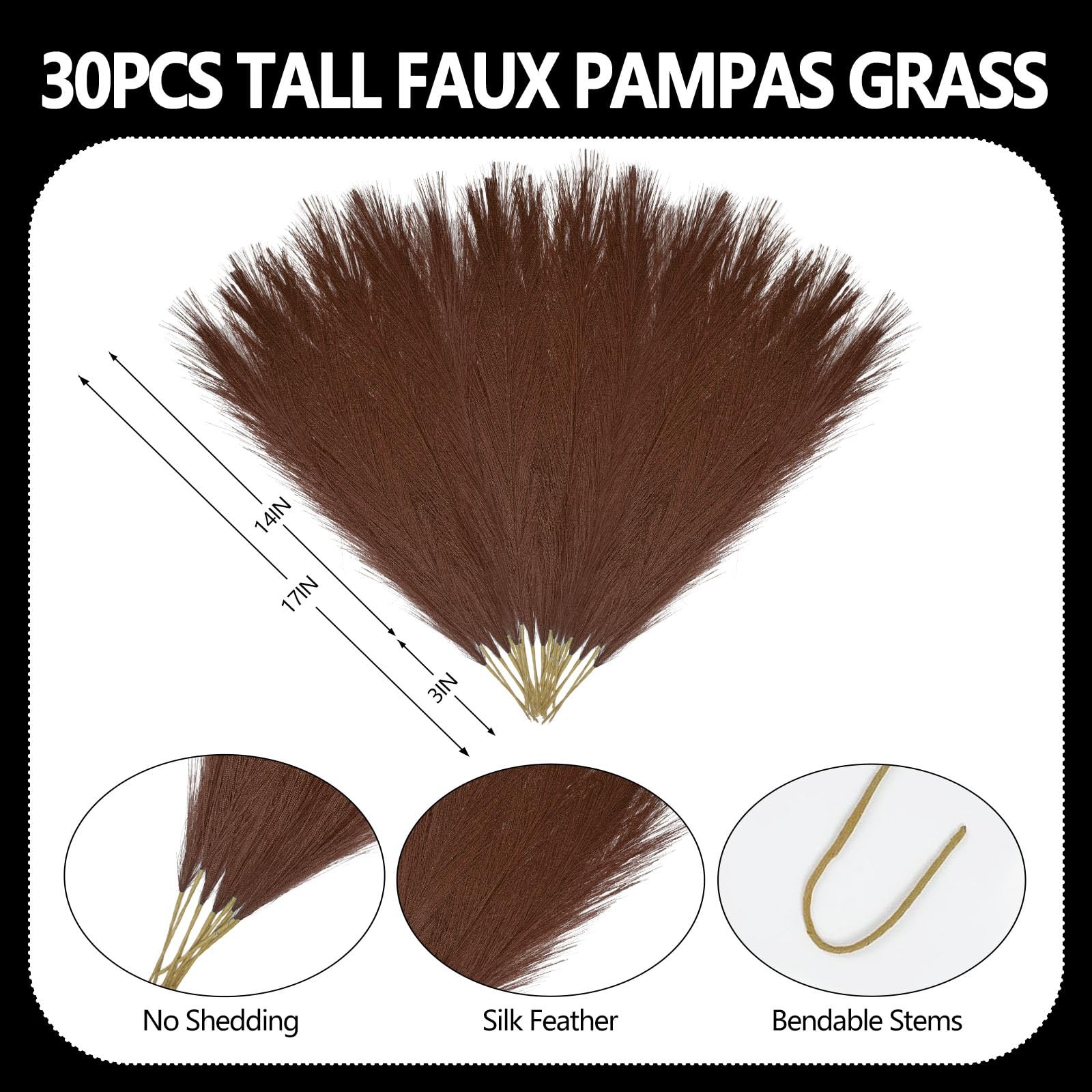Short Brown Faux Pampas Grass Bulk Fluffy Artificial Vase Filler 17 In 30 PC