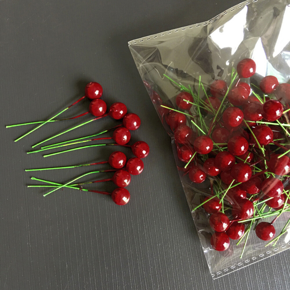 100PCS Simulation Cherry Artificial Lifelike Cherry Decoration Fake Fruit 10MM