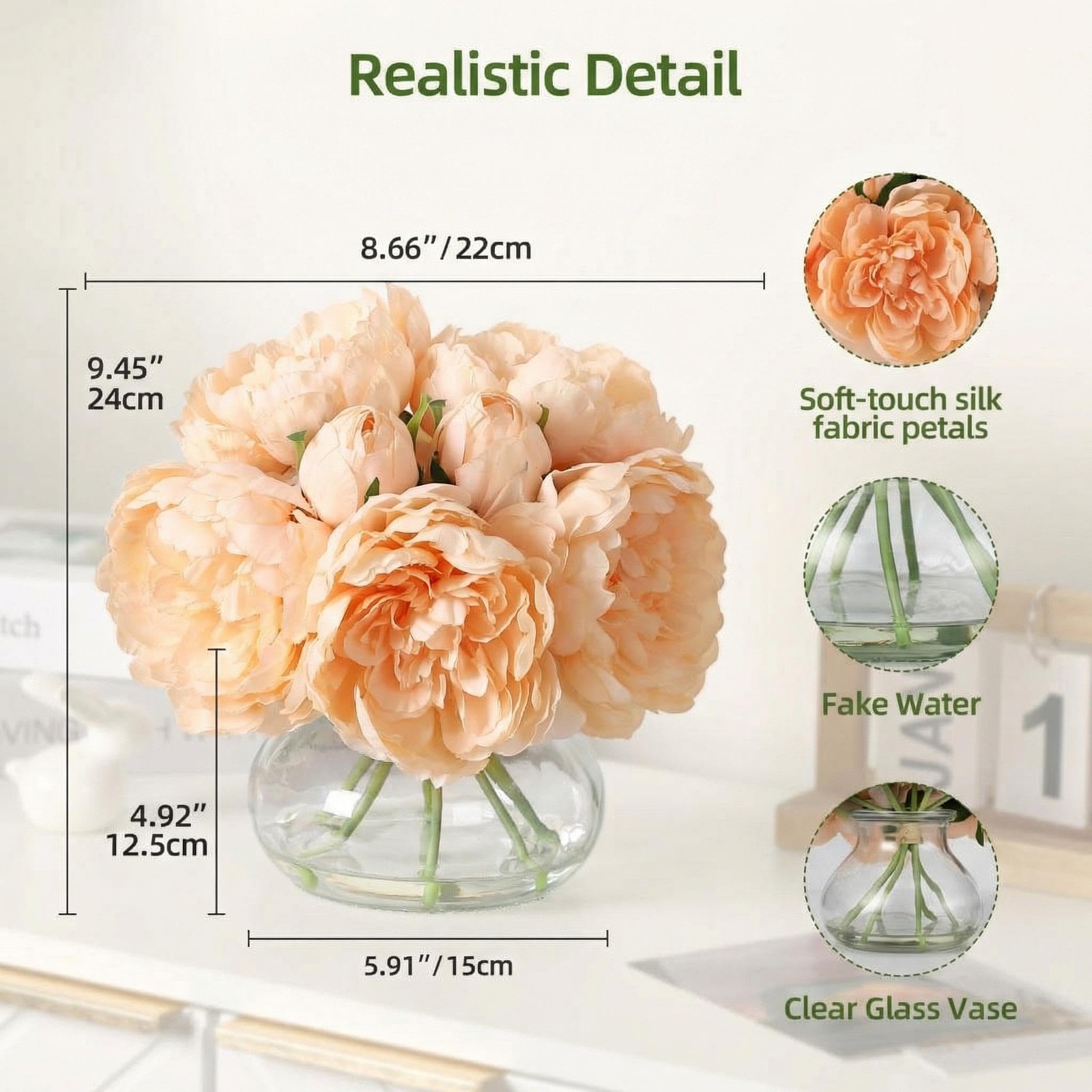 Artificial Peonies Flowers with Vase, Mixed Champagne Silk Peony Bouquet with…