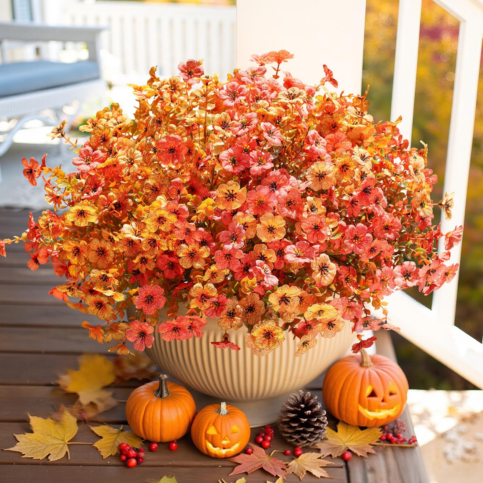 12 Bundles Artificial Fall Flowers – Faux Mums with Eucalyptus for Home Decor