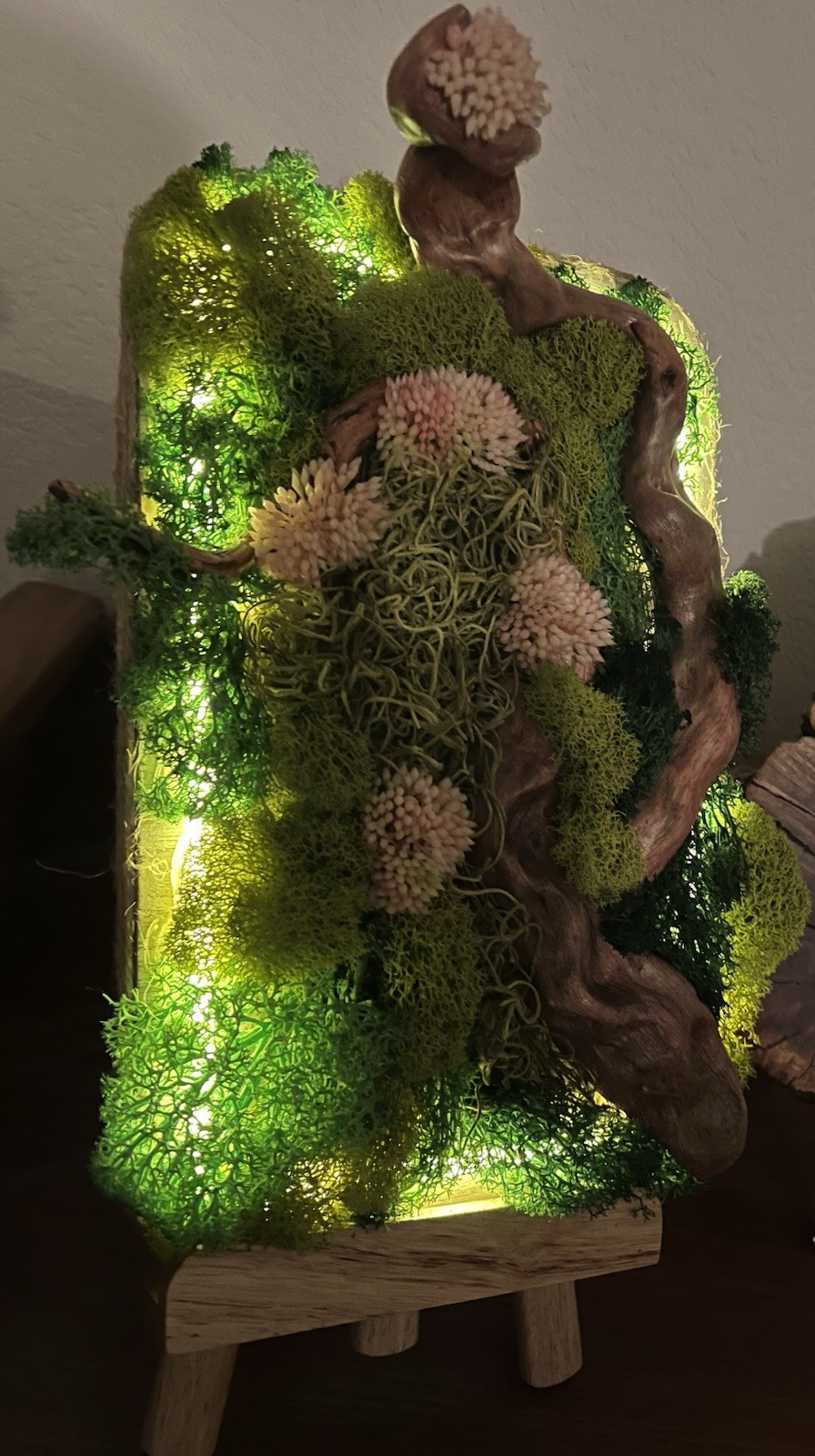 Wood Moss Art Decor w/ Floral Accents LED Lights on Wooden Easel Stand