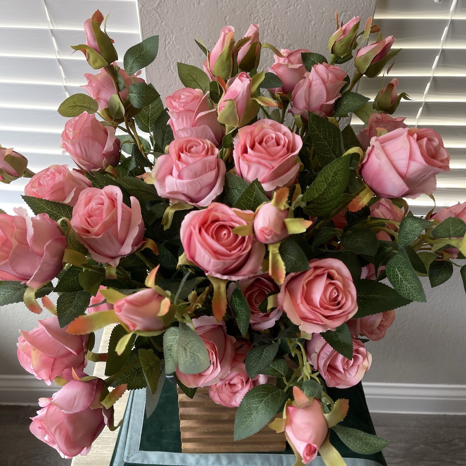 New Natural Wooden Brown Basket + 33 Silk Roses | Basket Flowers