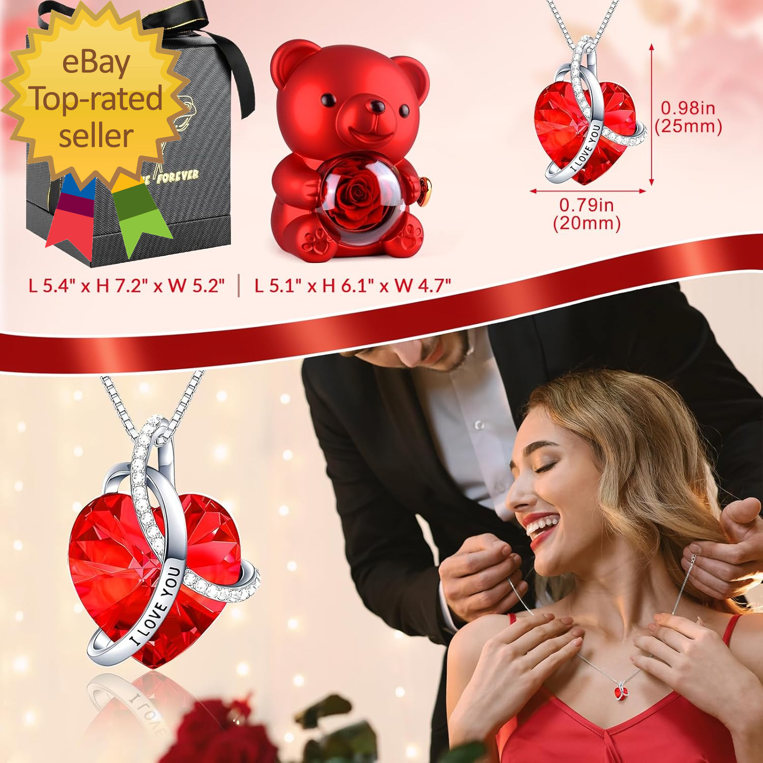 Cute Teddy Bear Preserved Rose Eternal Flowers Rotating Rose Box with Necklace
