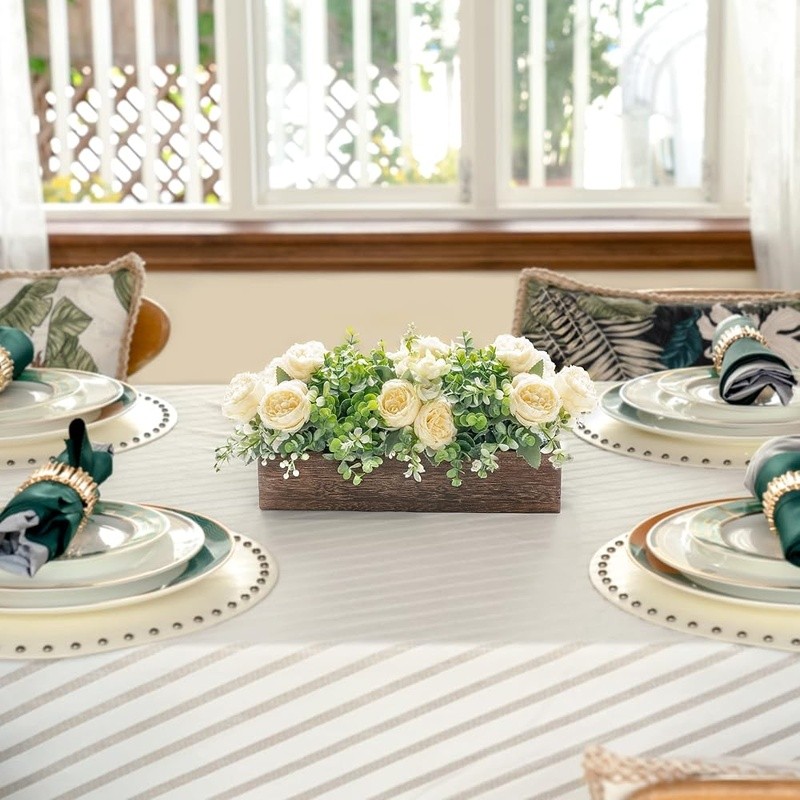 Spring Floral Centerpiece Eucalyptus in Wooden Box Table Decor DIY Arrangement