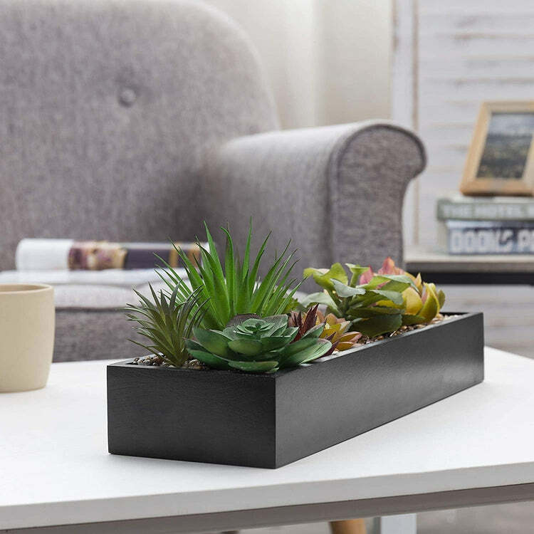 Artificial Assorted Succulent Arrangement in Rectangular Black Wood Planter Box