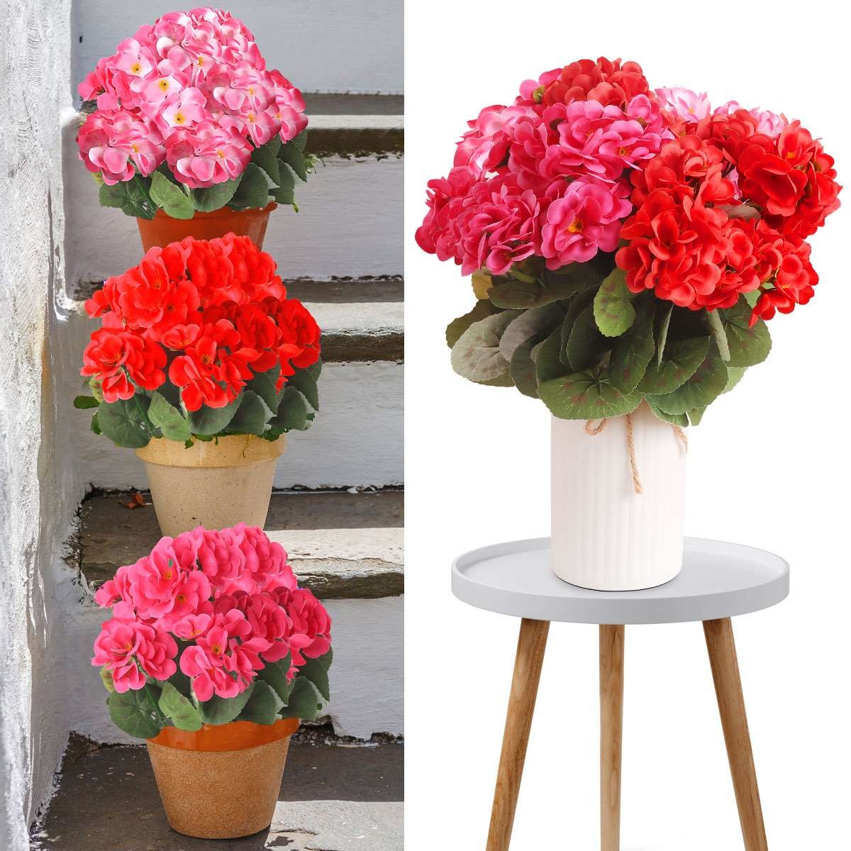 1-3 Pcs Artificial Geraniums Silk Flowers Outdoor Artificial Geranium Bush Red