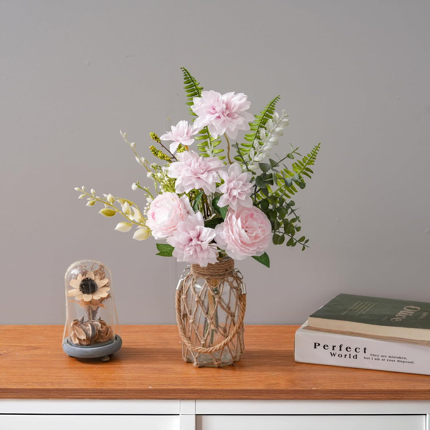 Fake Flowers with Vase – Artificial Light Pink Dahlia Flowers Arrangement, Flora