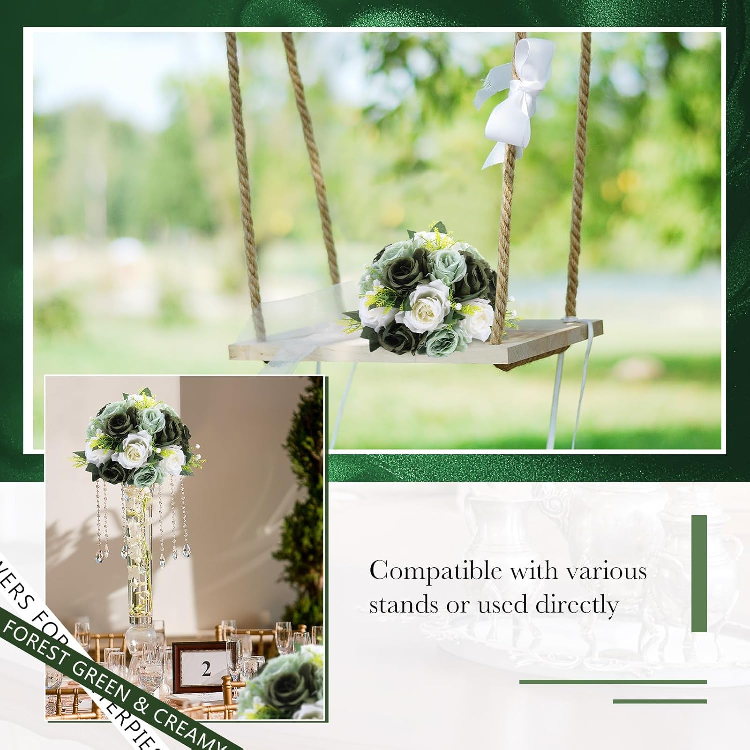 12 Pcs Forest Green Silk Flower Kissing Balls for Wedding Centerpieces