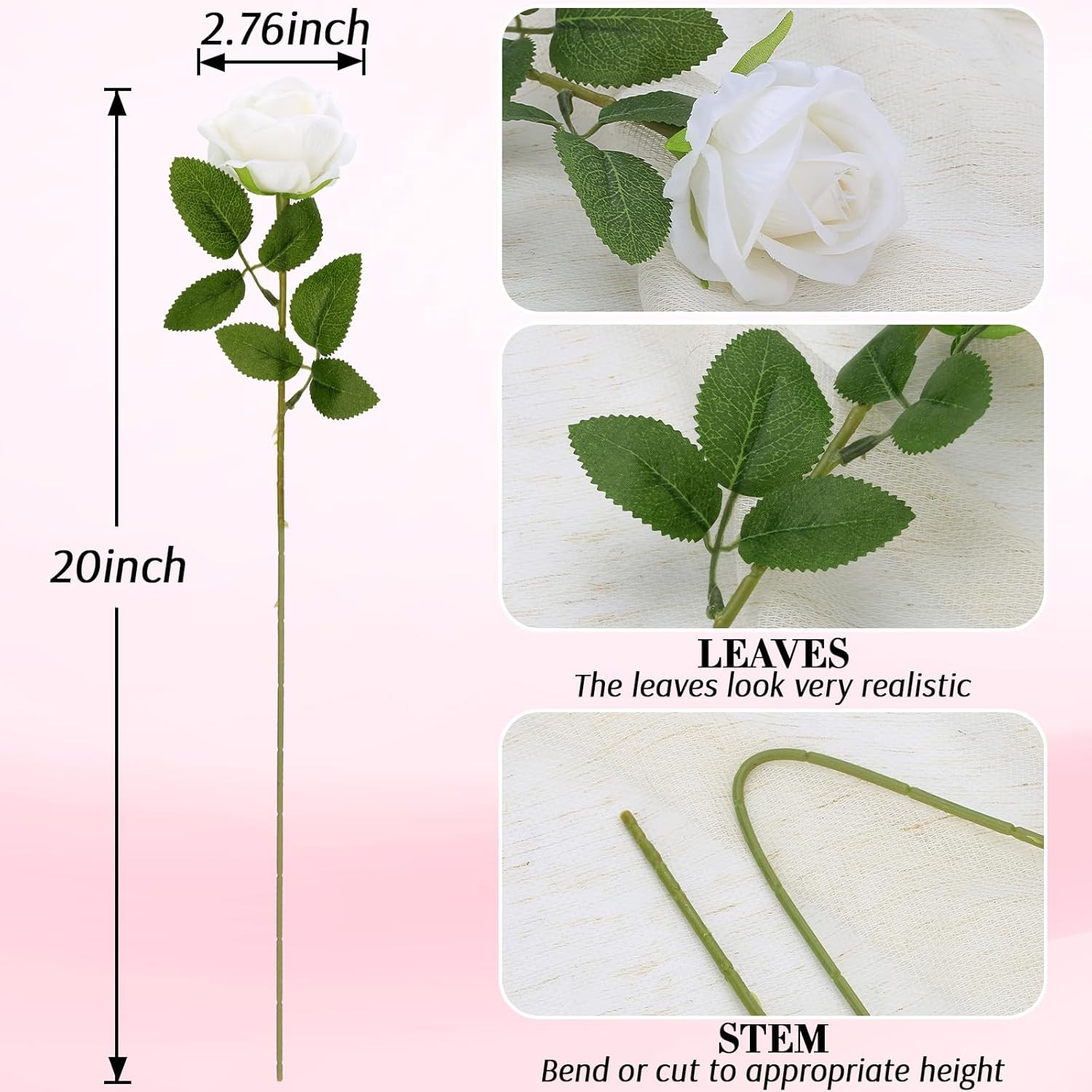 20× Artificial White Roses Fake Flower Silk with Single Stems Real Touch Gift US