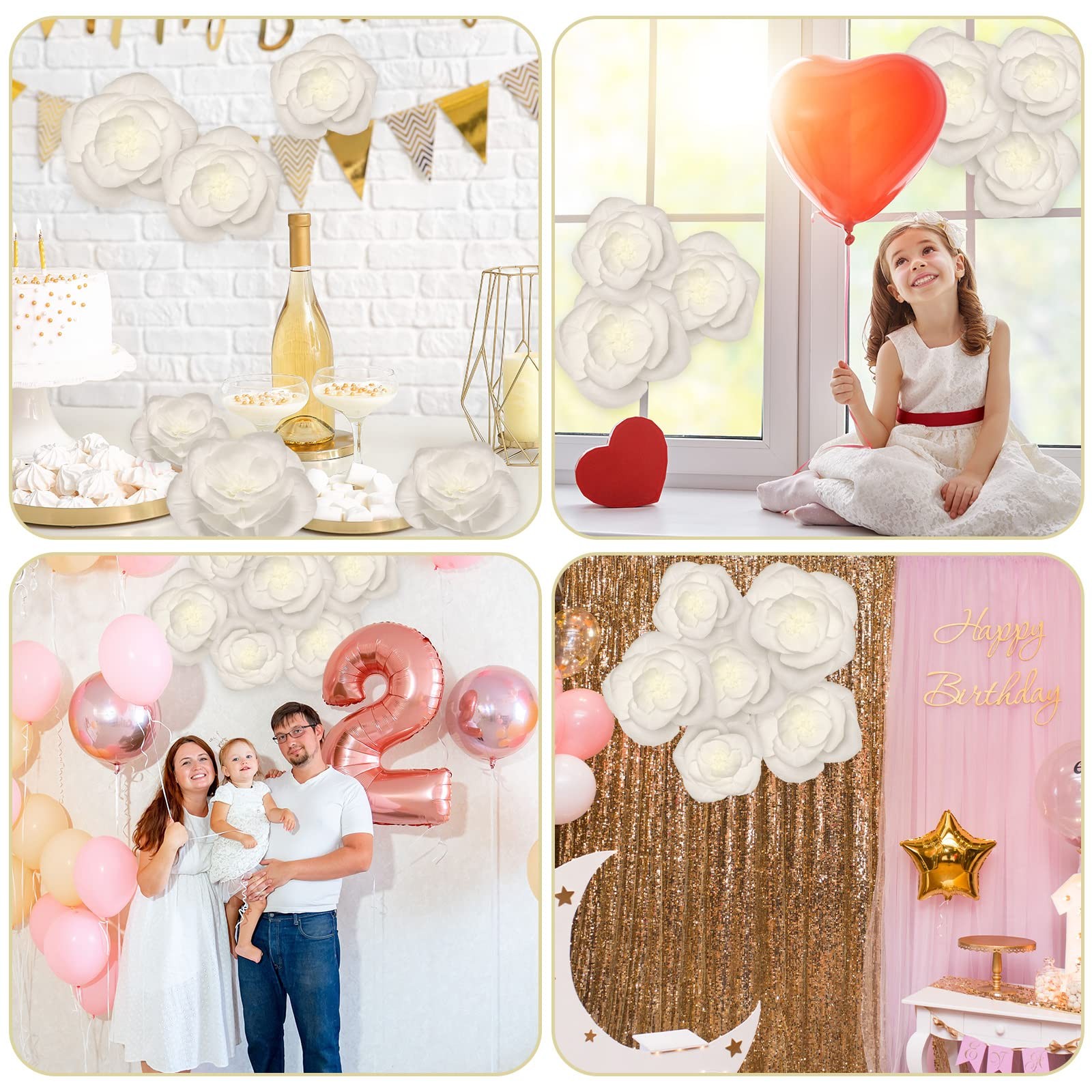 6 Pcs Extra Large Jumbo White Flower Decorations for Wall with 10 Pcs Pad Lar…