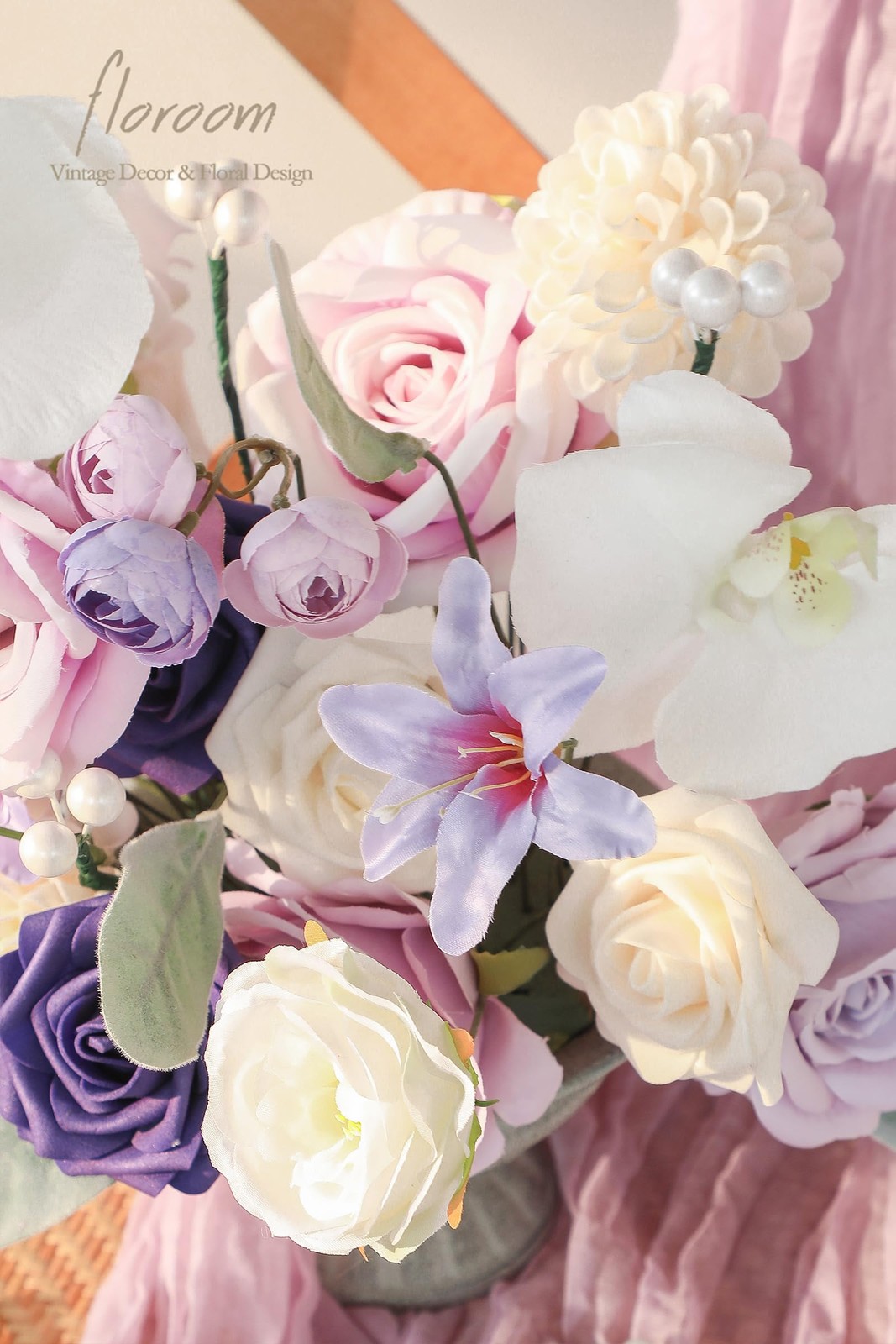 Lilac Lavender Purple Cream Artificial Flowers Fake Roses Dahlias and Greener…