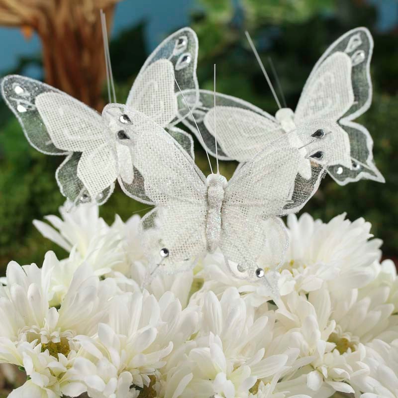 12 White Sparkling Glitter & Rhinestone Burlap Artificial 5-1/4″ Butterflies