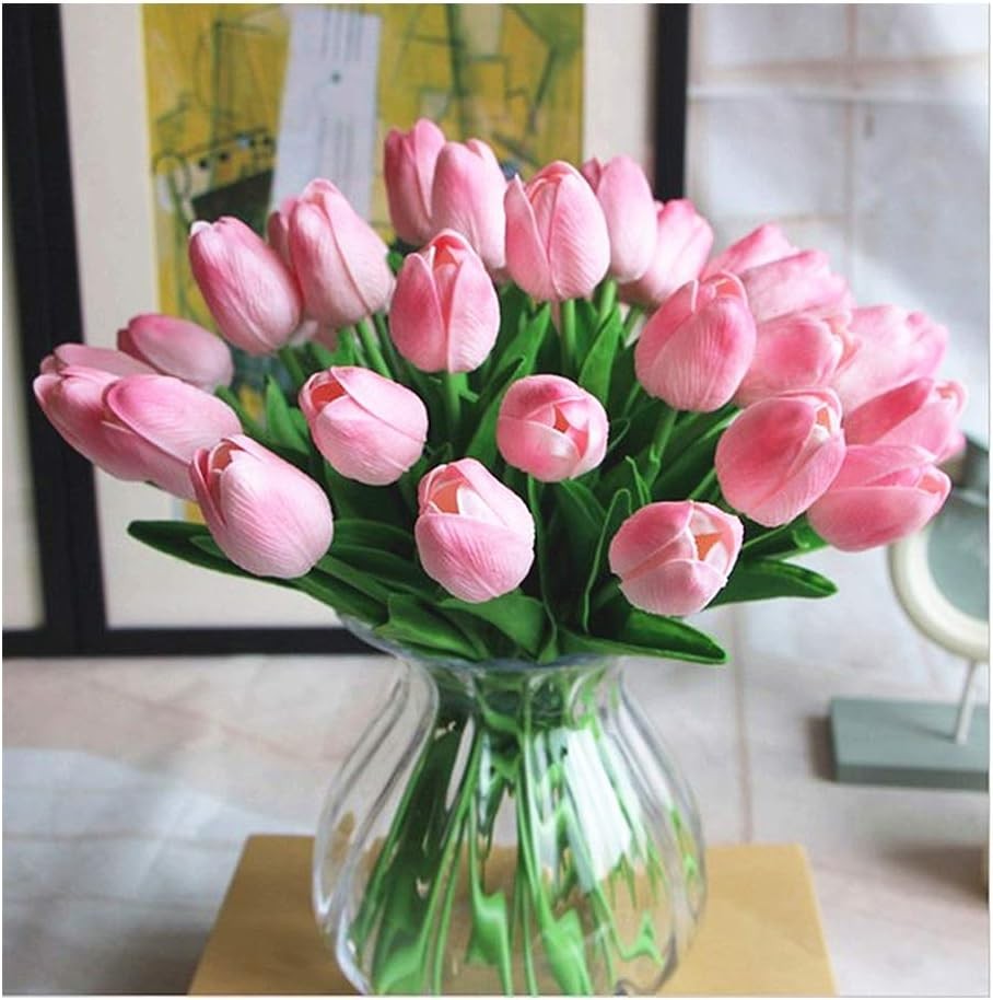 Artificial PU Tulips 10Pcs Real Touch Fake Flower Arrangement Bouquets(Pink)