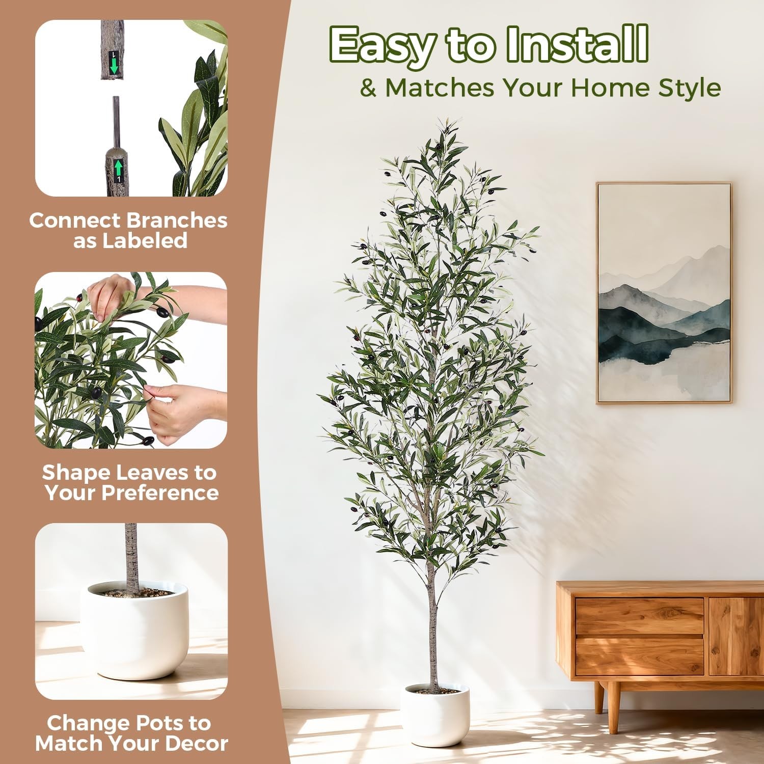 Olive Tree, 7FT Artificial Indoor Tall Faux Olive Trees w/Planter & Natural Wood