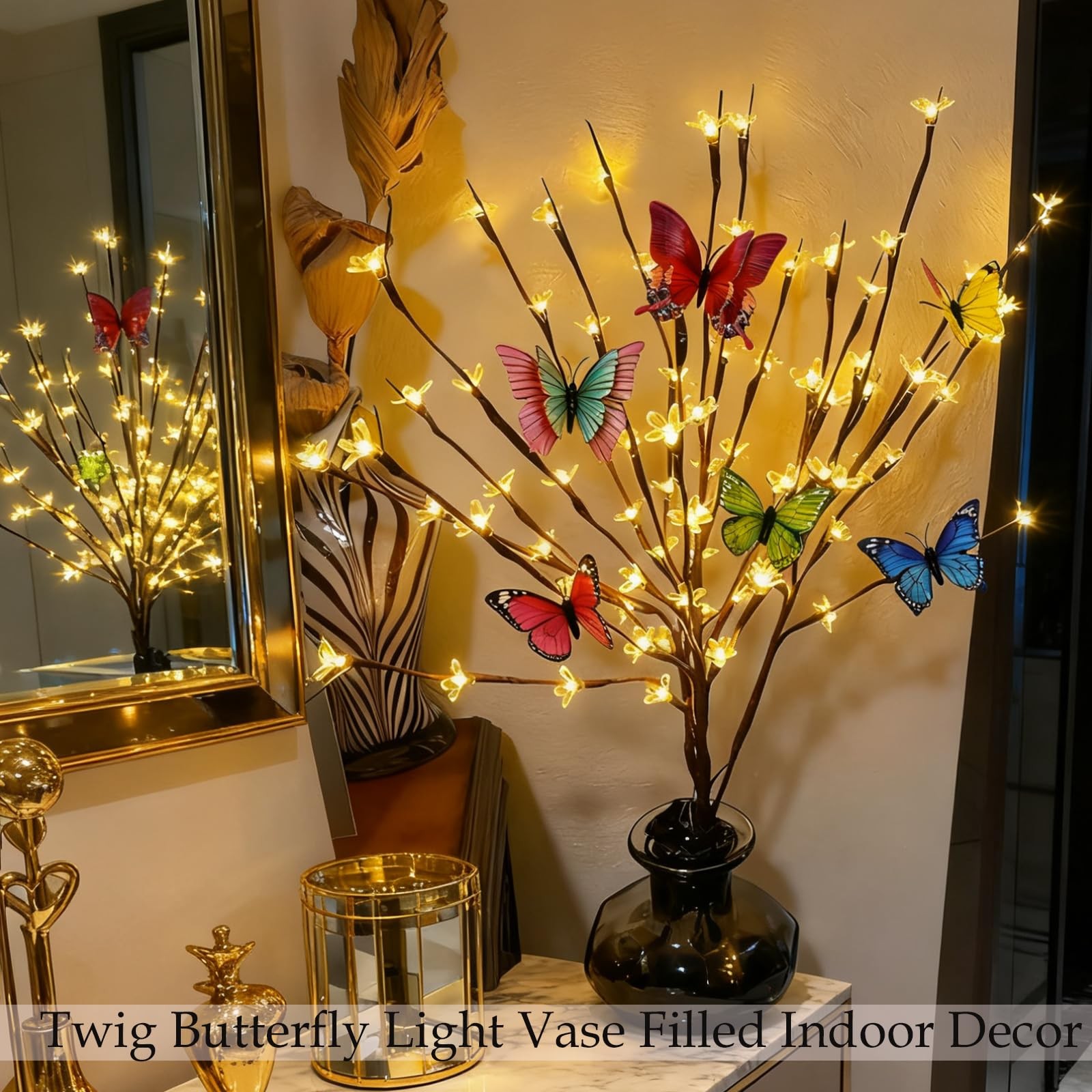 60 Battery Lighted Butterfly Twig for Indoor Vase Filler Flowers Decor