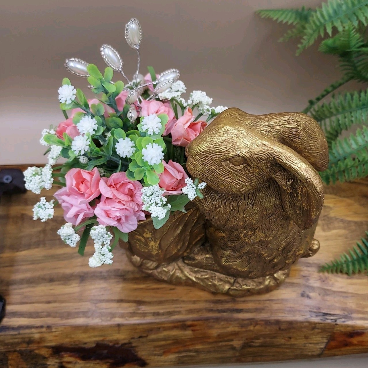 BUNNY & CABBAGE PLANTER Table Decor Gold Rabbit w Pink Mini Roses / Flowers