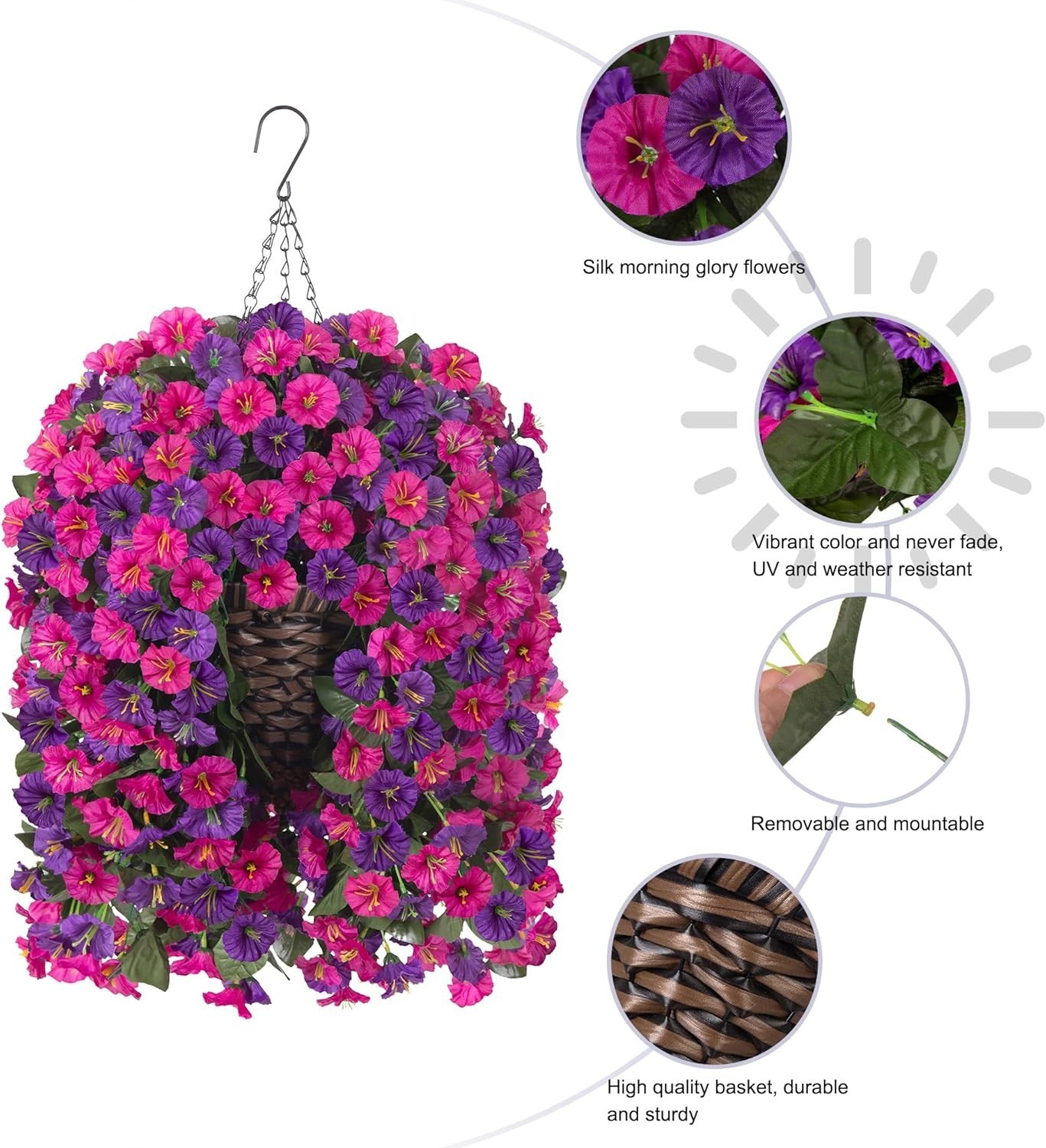 Low Maintenance UV Resistant Hanging Faux Silk Morning Glory Flowers – 7″ X 11″