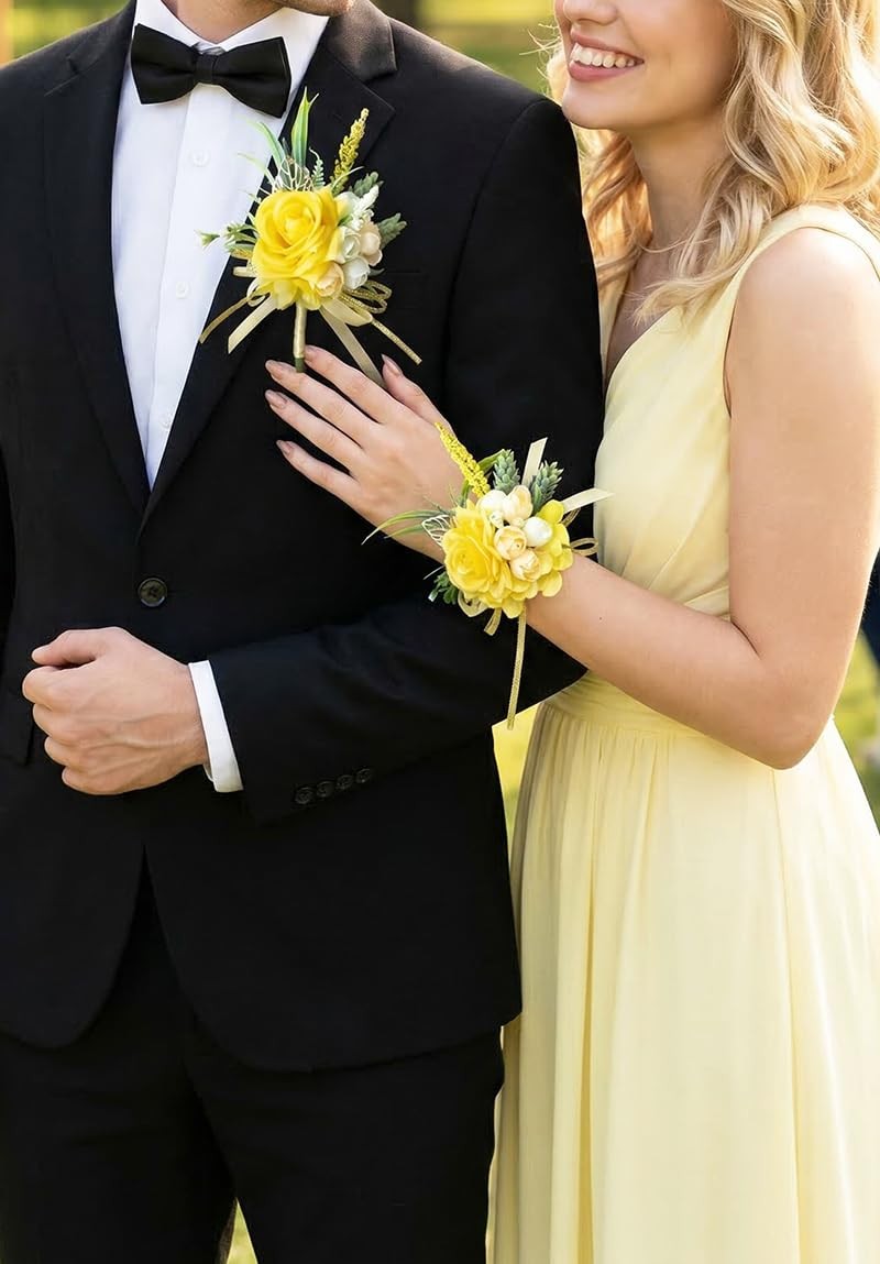 2 Pcs Wrist Corsage and Boutonniere Set, Yellow Corsage for Wedding, Boutonni