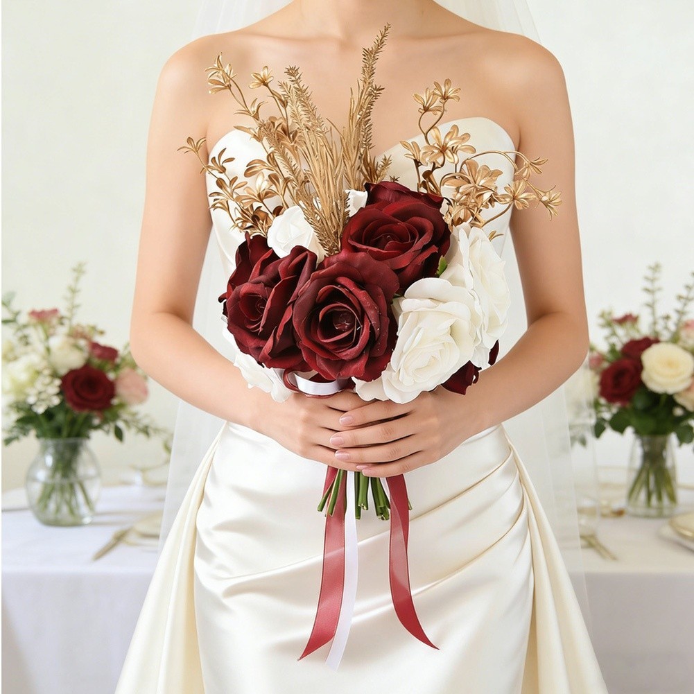Silk Wedding Bridal Bouquet Artificial Handheld Roses with Bow Decoration