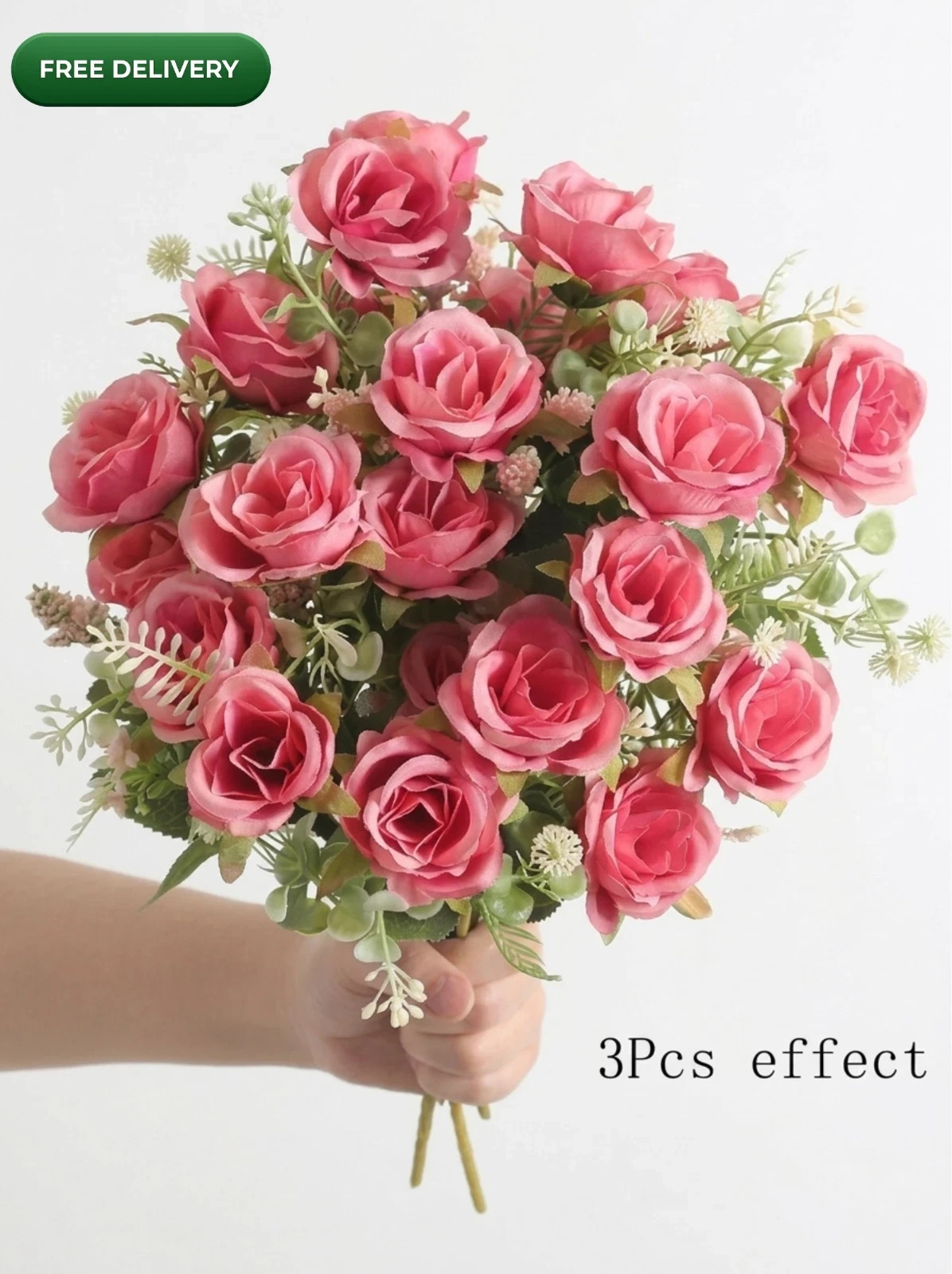 Artificial Rose Bouquet Set of 3 Pink Silk Flowers Wedding Home Decor 12in