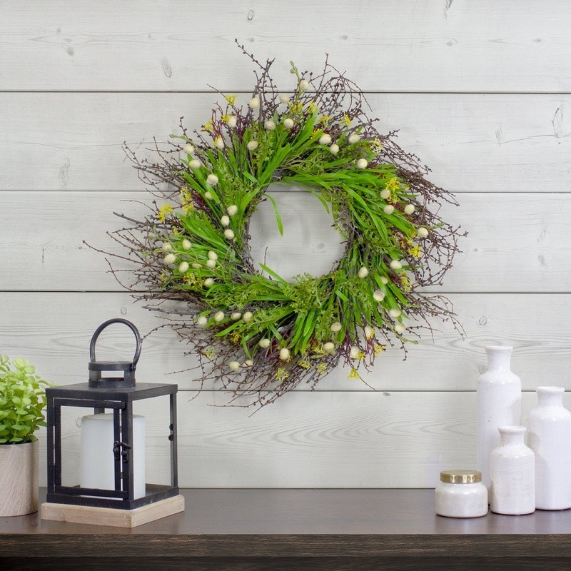 Artificial Grass Floral Wreath Yellow Flowers Natural Twigs Indoor Decor 18 Inch