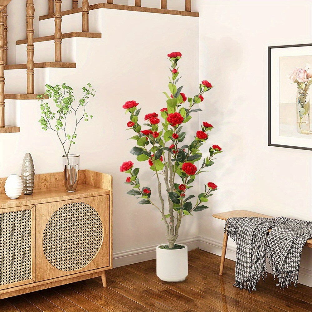 1Pc 4FT Tall Artificial Red Camellia Potted Plant Faux Plant Red Flower Outdoor