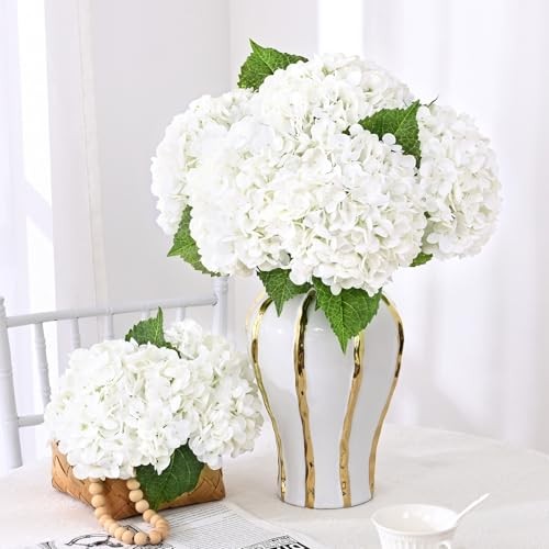 Real Touch Hydrangea Artificial Flowers, 21″ Full Faux Hydrangea 4 Pcs White