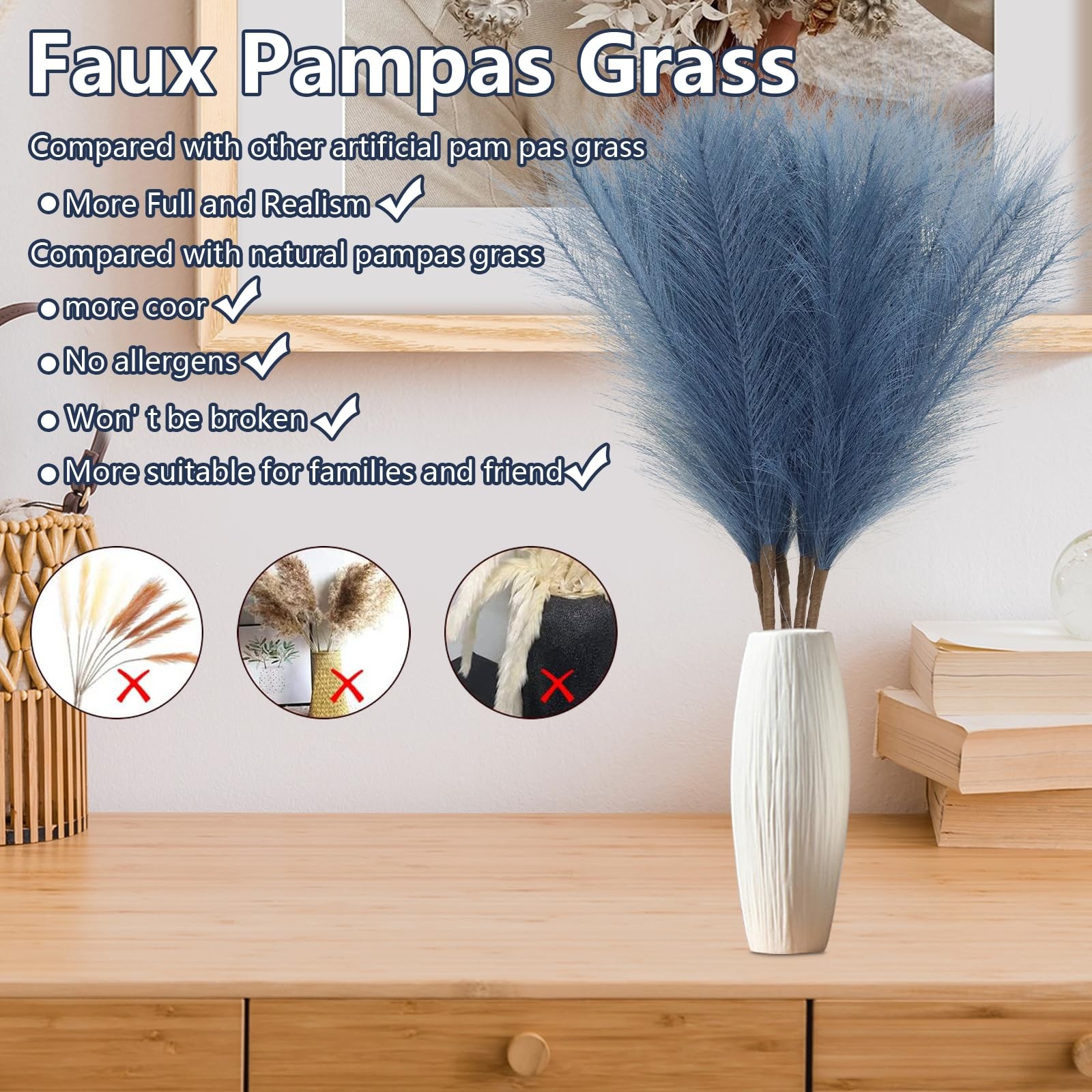 5 PCS 30″ Faux Dark Blue Pampas Grass Decor Tall Fluffy Floral Vase Filler