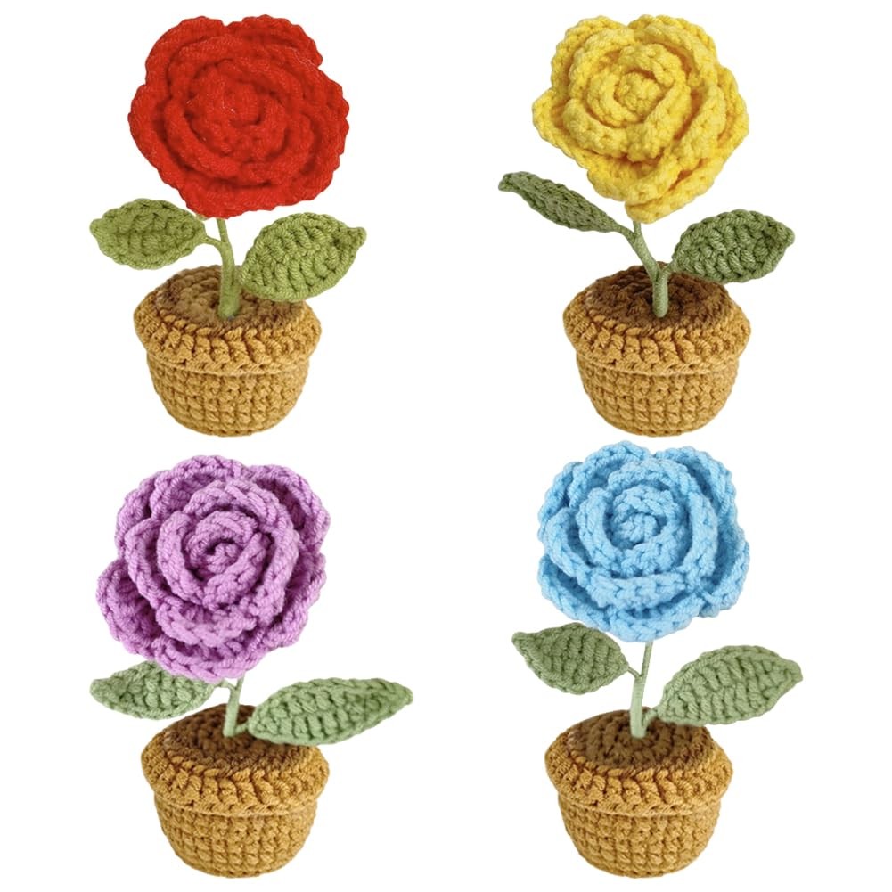 4 PCS Crochet Flowers Potted Plants Hand Knitted Artificial Yarn Color#C