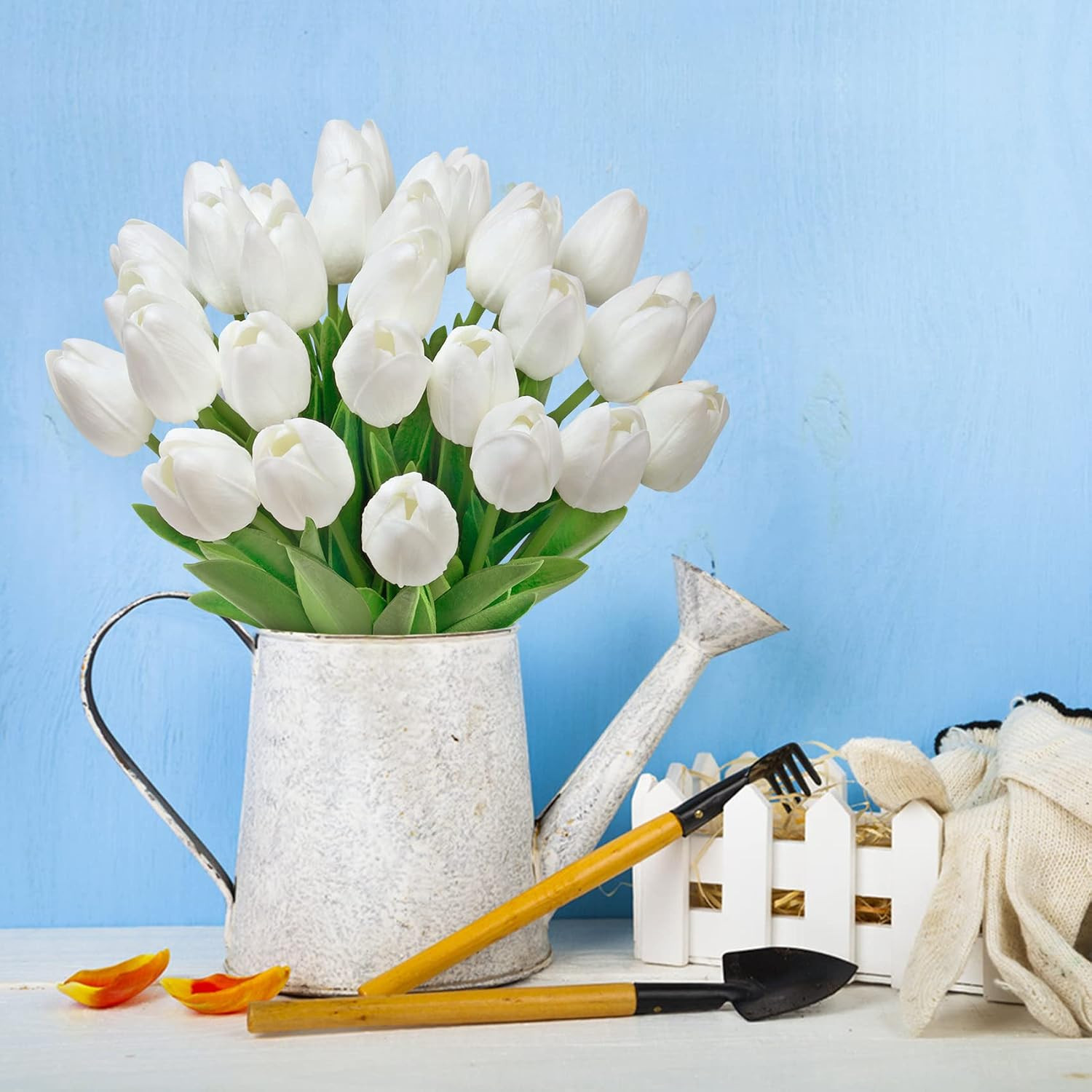 Fake Tulips Artificial Flowers 30pcs Real Touch PU White Stems Faux Wedding