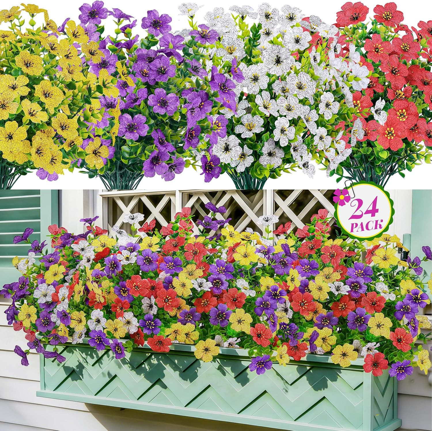 24 Pack Artificial Plants for Outdoors Fake Flowers Spring Decoration Silk Color