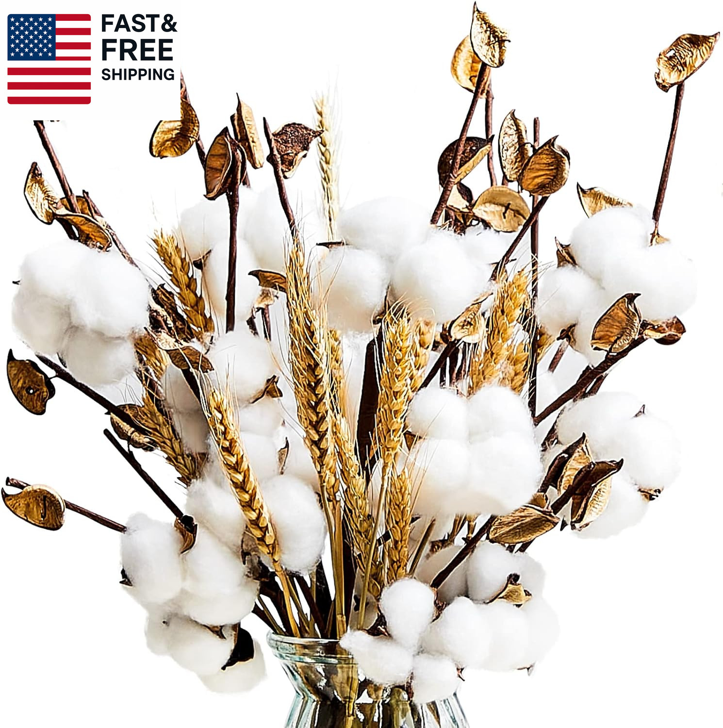24 Pieces Farmhouse Cotton Flowers 17.7 Inch Fake Artificial Cotton Stems wi